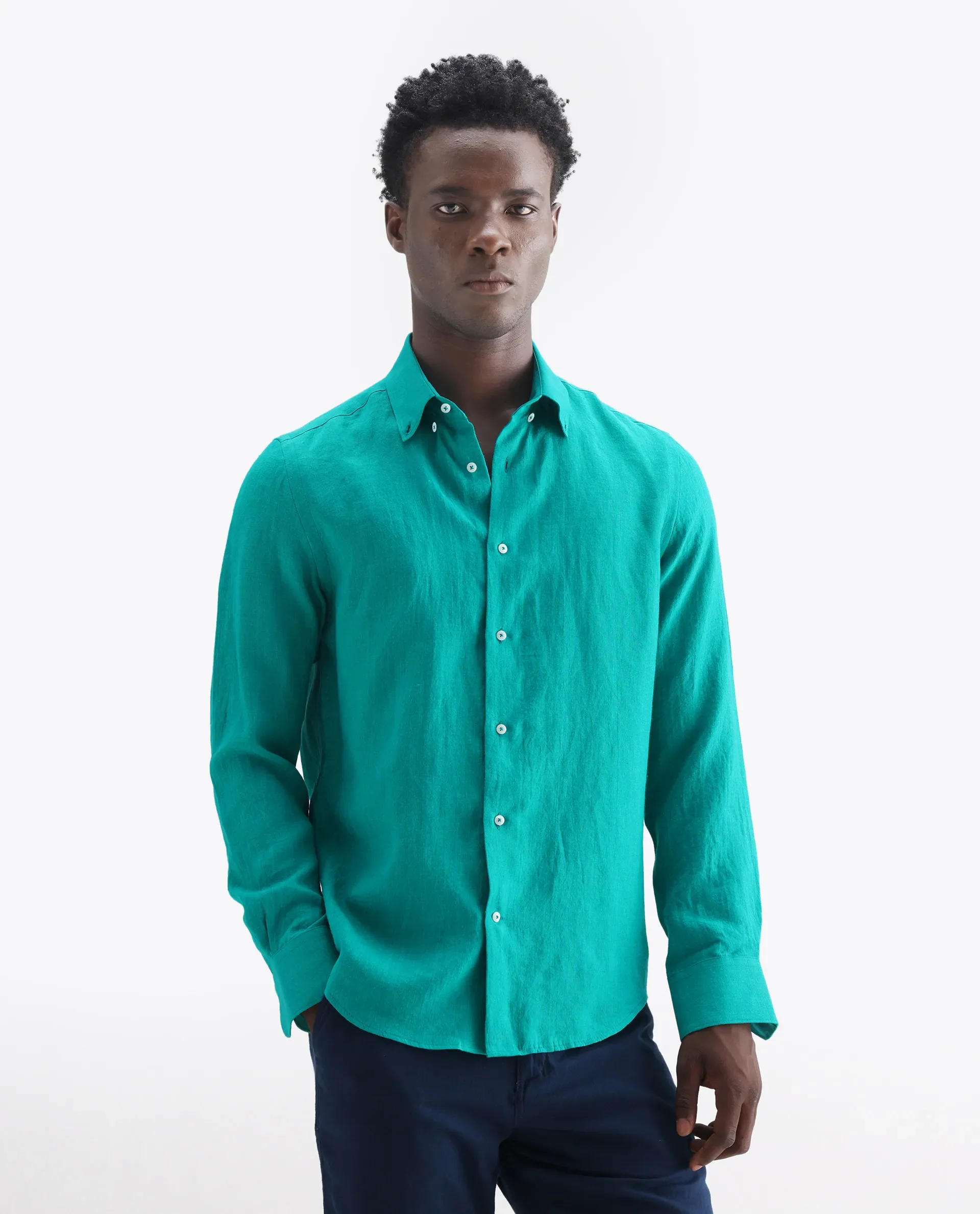 Rare Rabbit Men's Lucis Flouroscent Green 100% Linen Plain Regular Fit Full Sleeve Collared Shirt