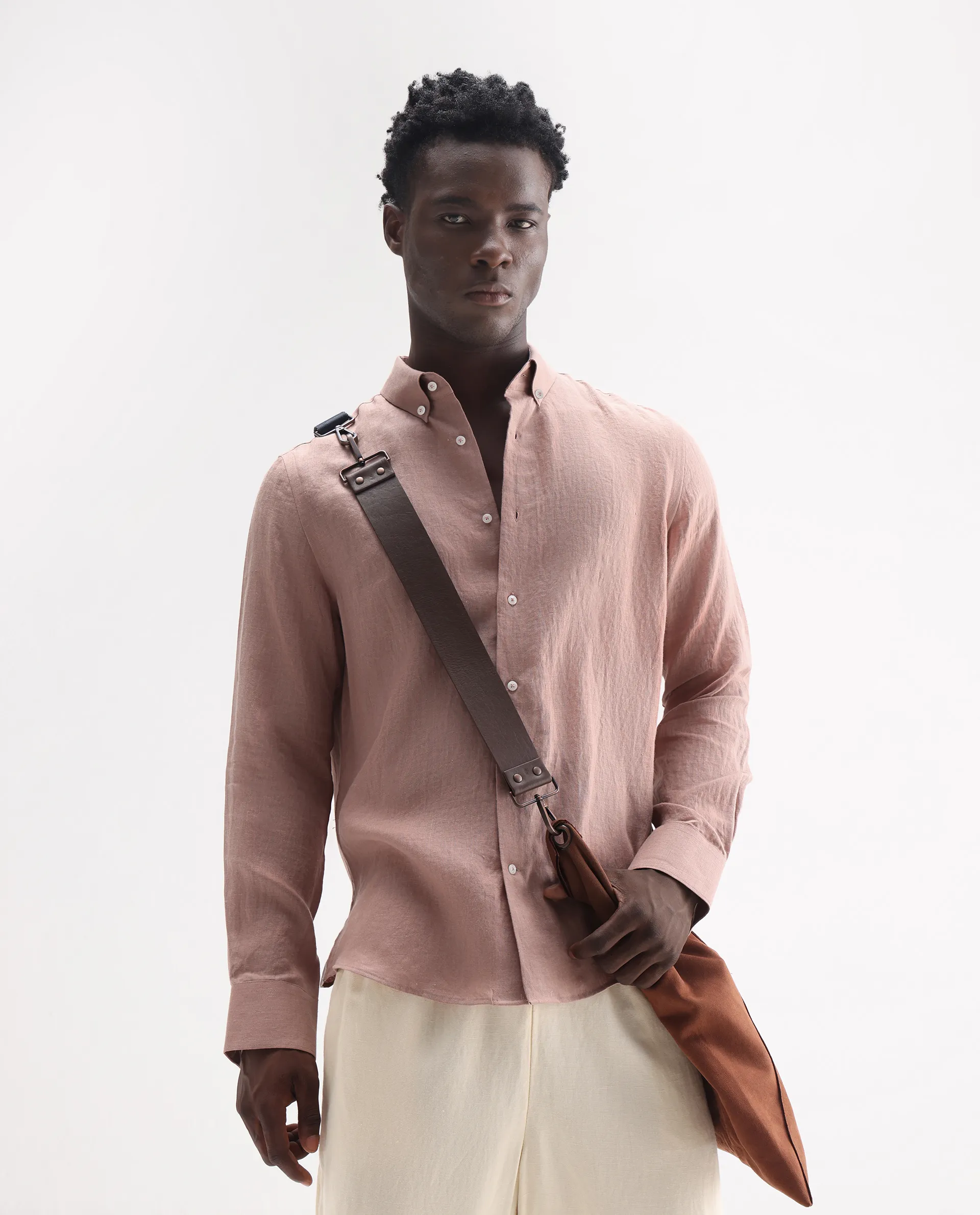 Rare Rabbit Men's Lucis Mauve 100% Linen Plain Regular Fit Full Sleeve Collared Shirt