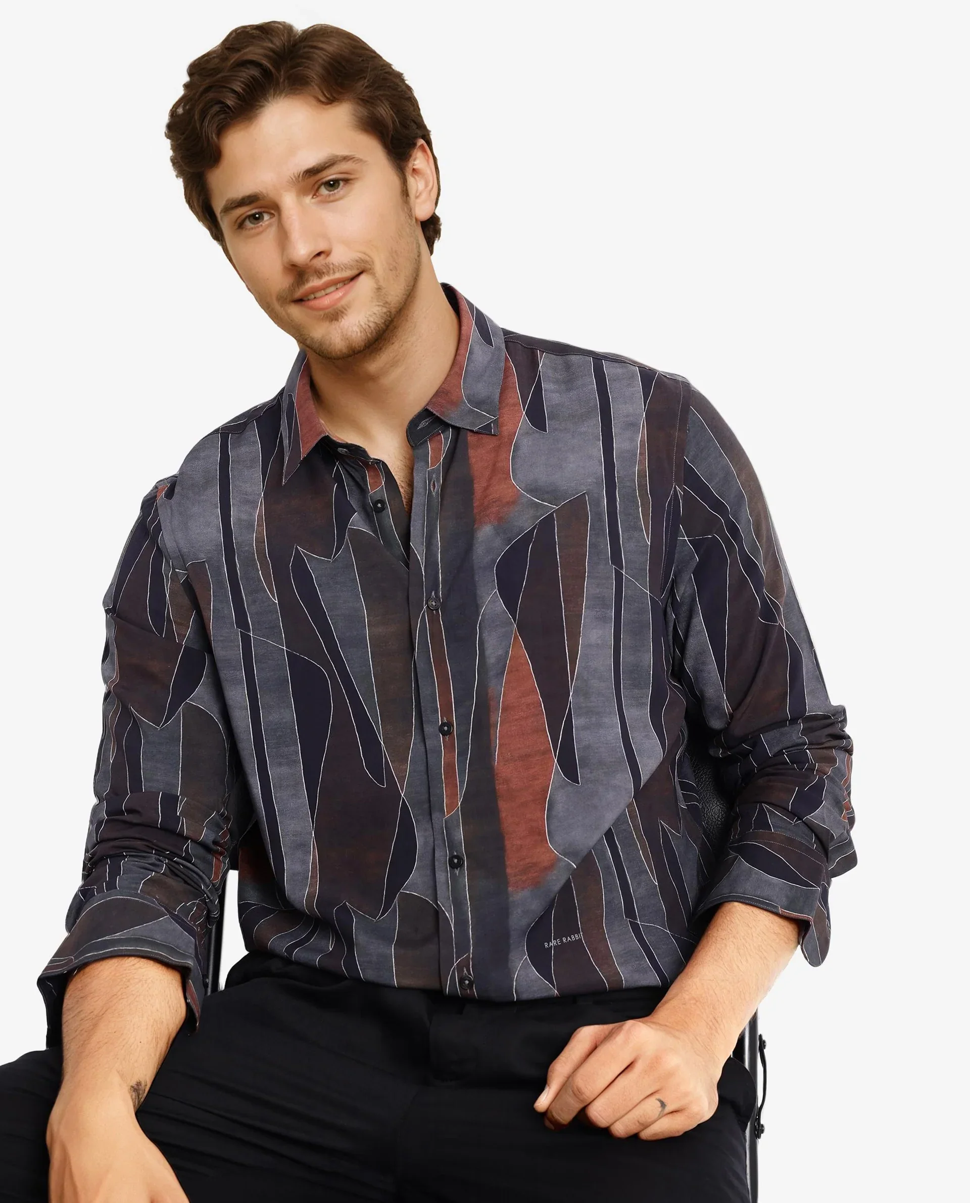 Rare Rabbit Men's Lumo Ls Black Cotton Abstract Print Regular Fit Full Sleeve Collared Shirt