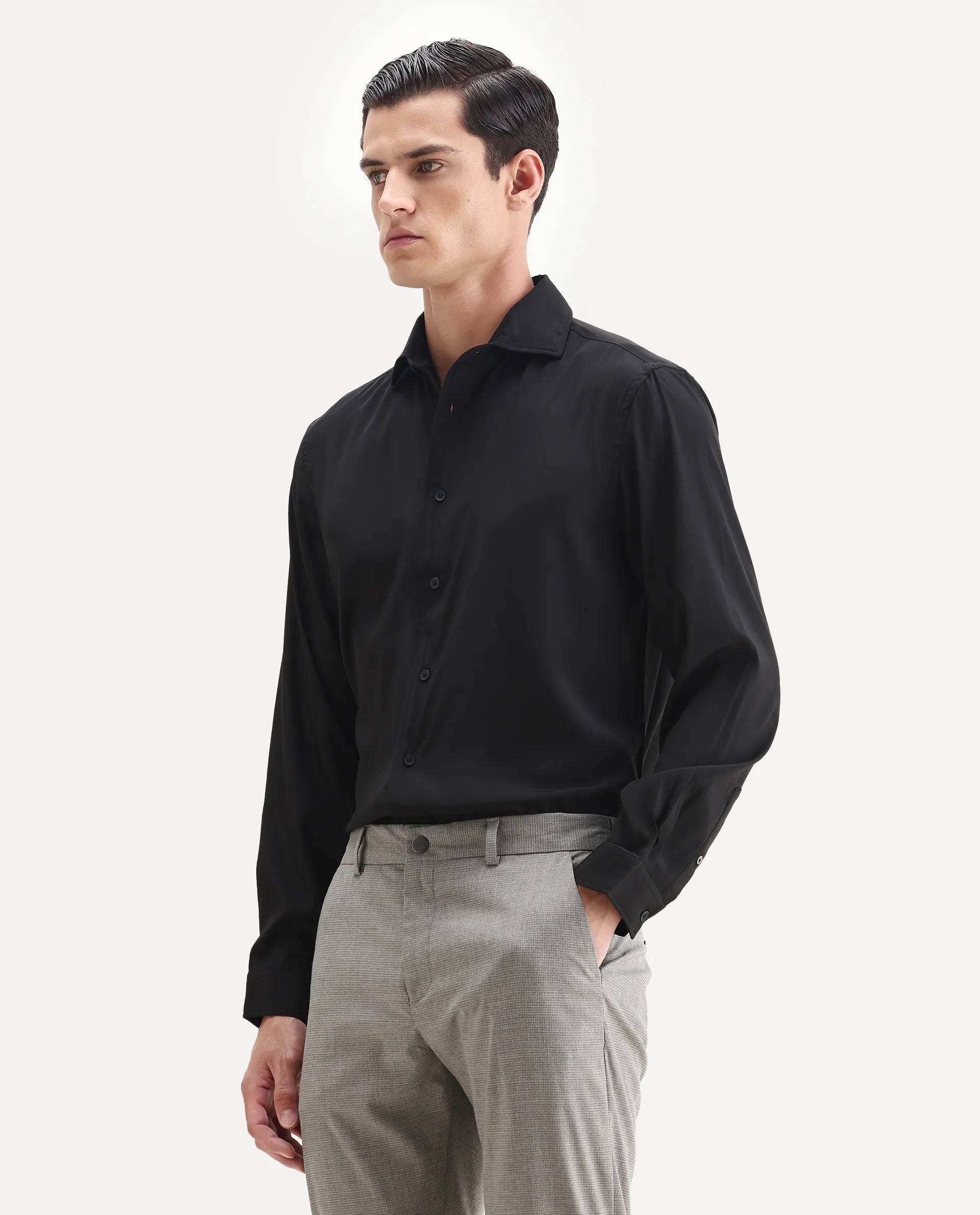 Rare Rabbit Men's Lupo Black Polyester Plain Regular Fit Full Sleeve Collared Shirt - Image 4