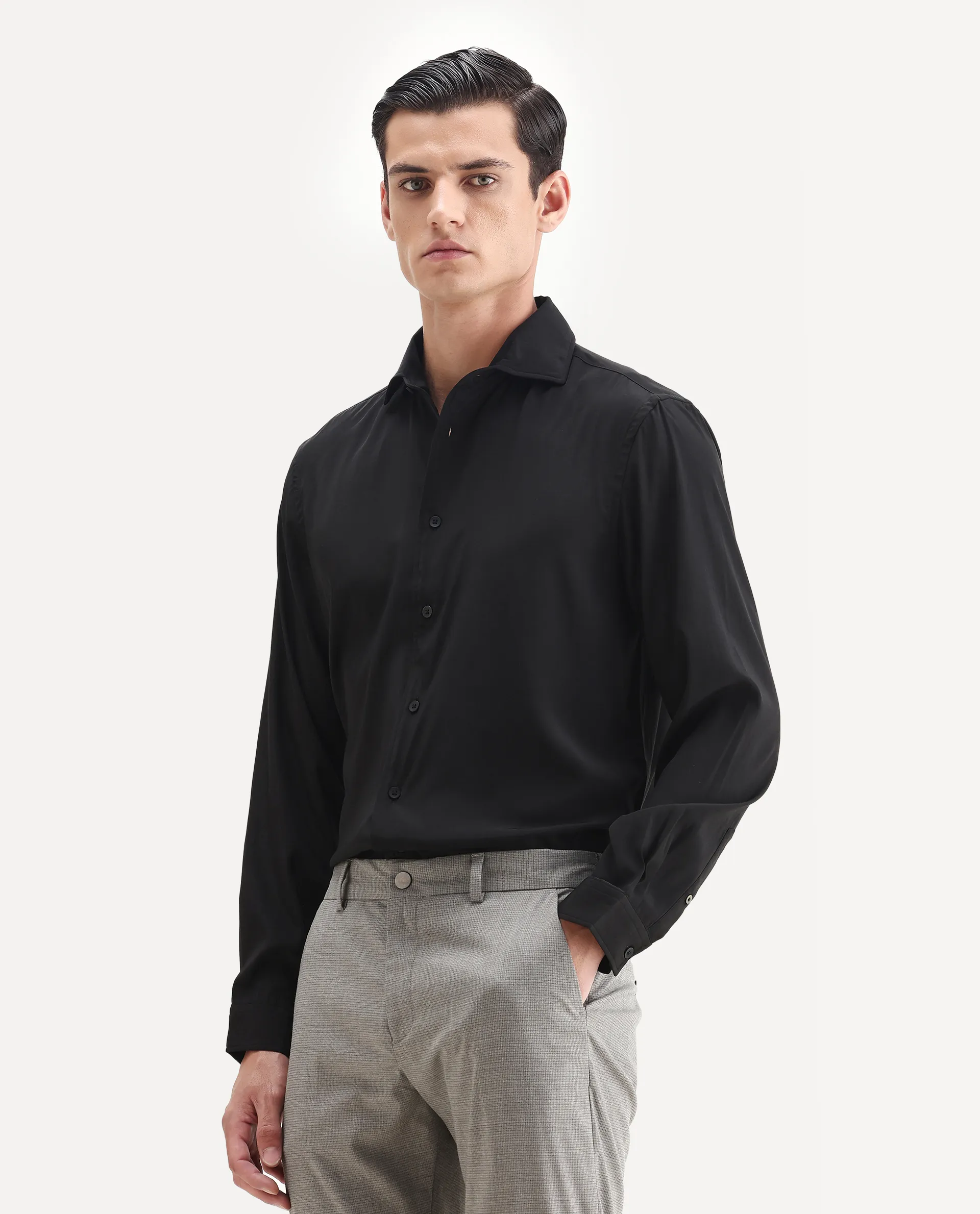 Rare Rabbit Men's Lupo Black Polyester Plain Regular Fit Full Sleeve Collared Shirt - Image 5