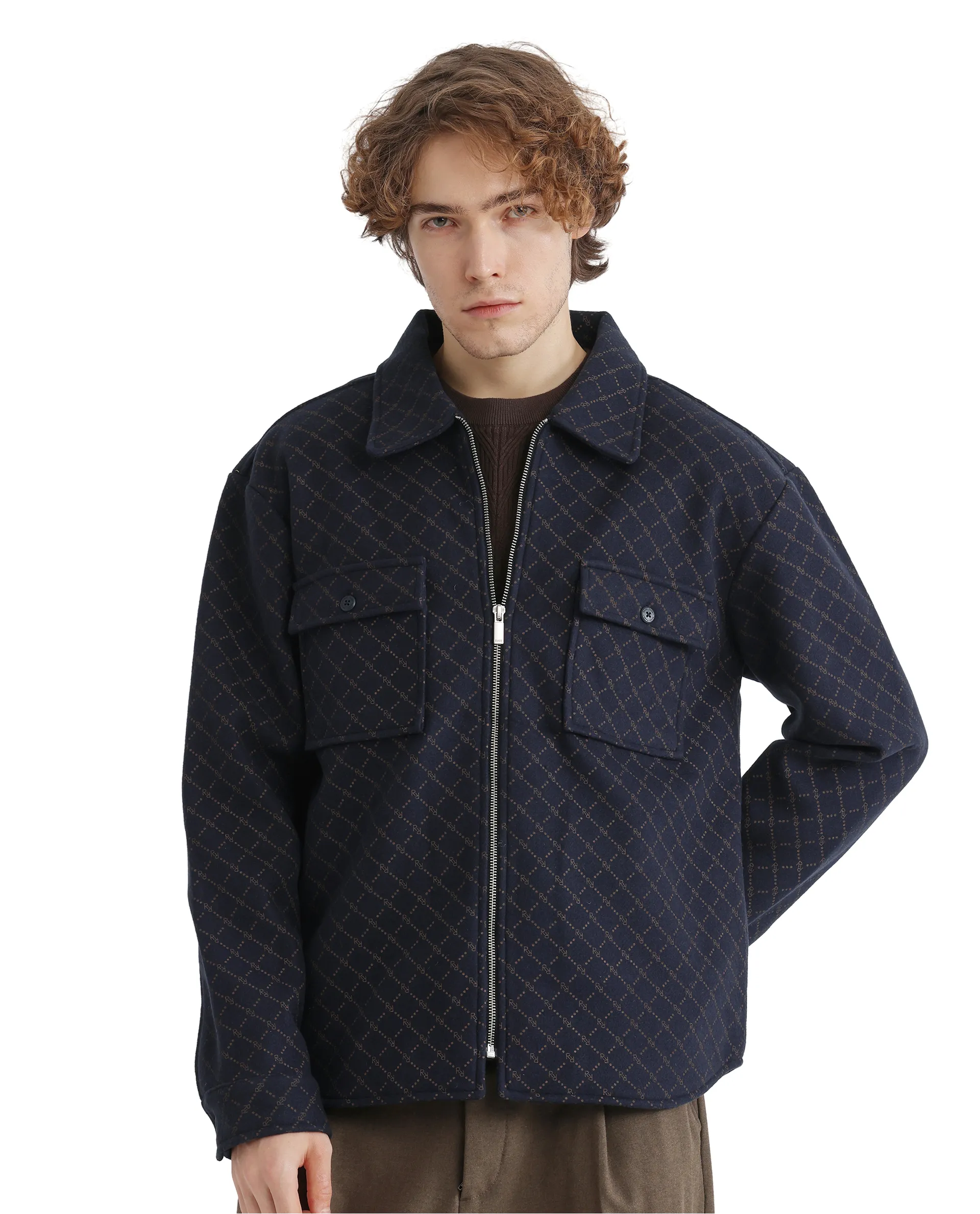 Rare Rabbit Men's Lybro Navy Polyester Monogram Print Regular Fit Full Sleeve Spread Collar Jacket - Image 6