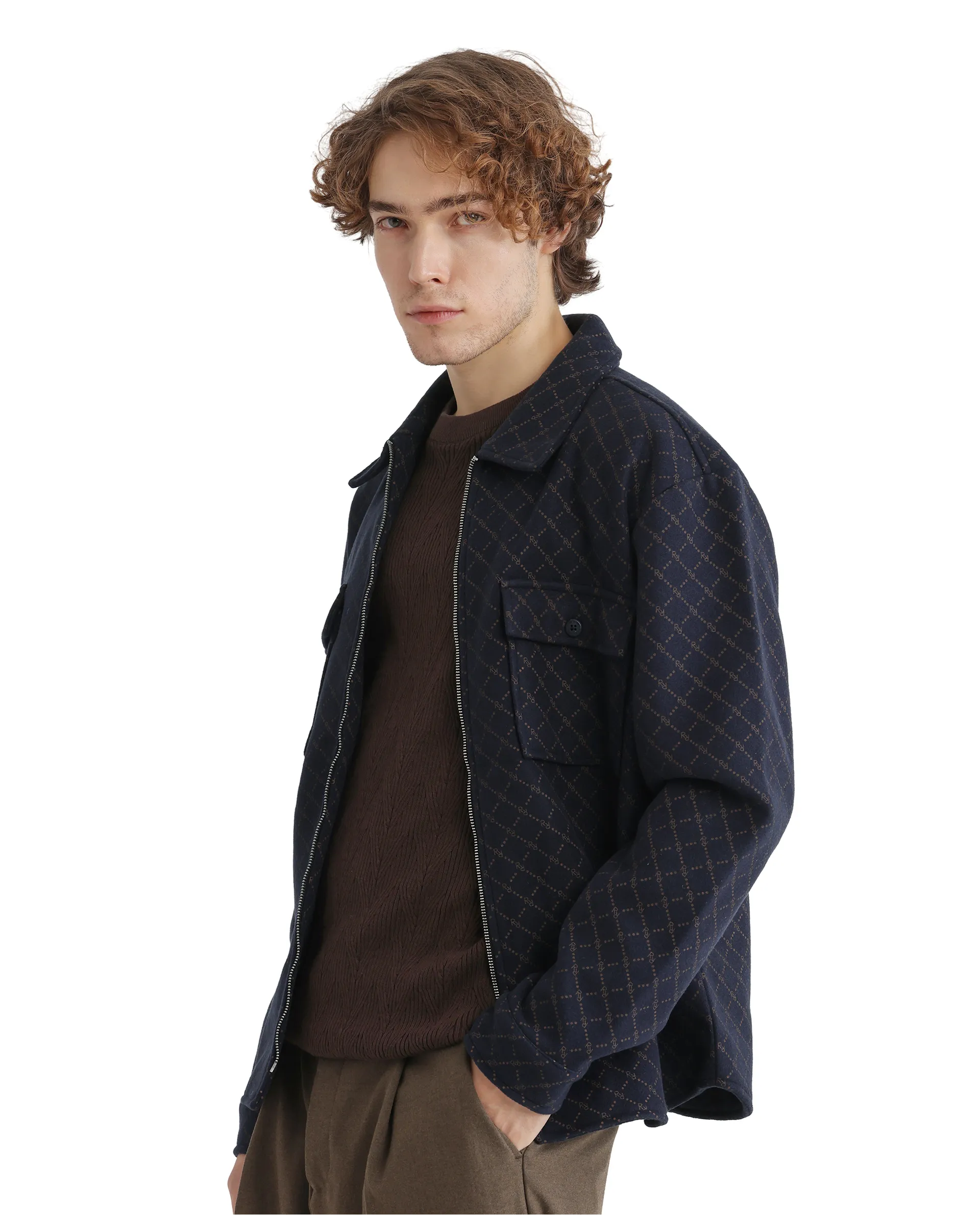 Rare Rabbit Men's Lybro Navy Polyester Monogram Print Regular Fit Full Sleeve Spread Collar Jacket - Image 8