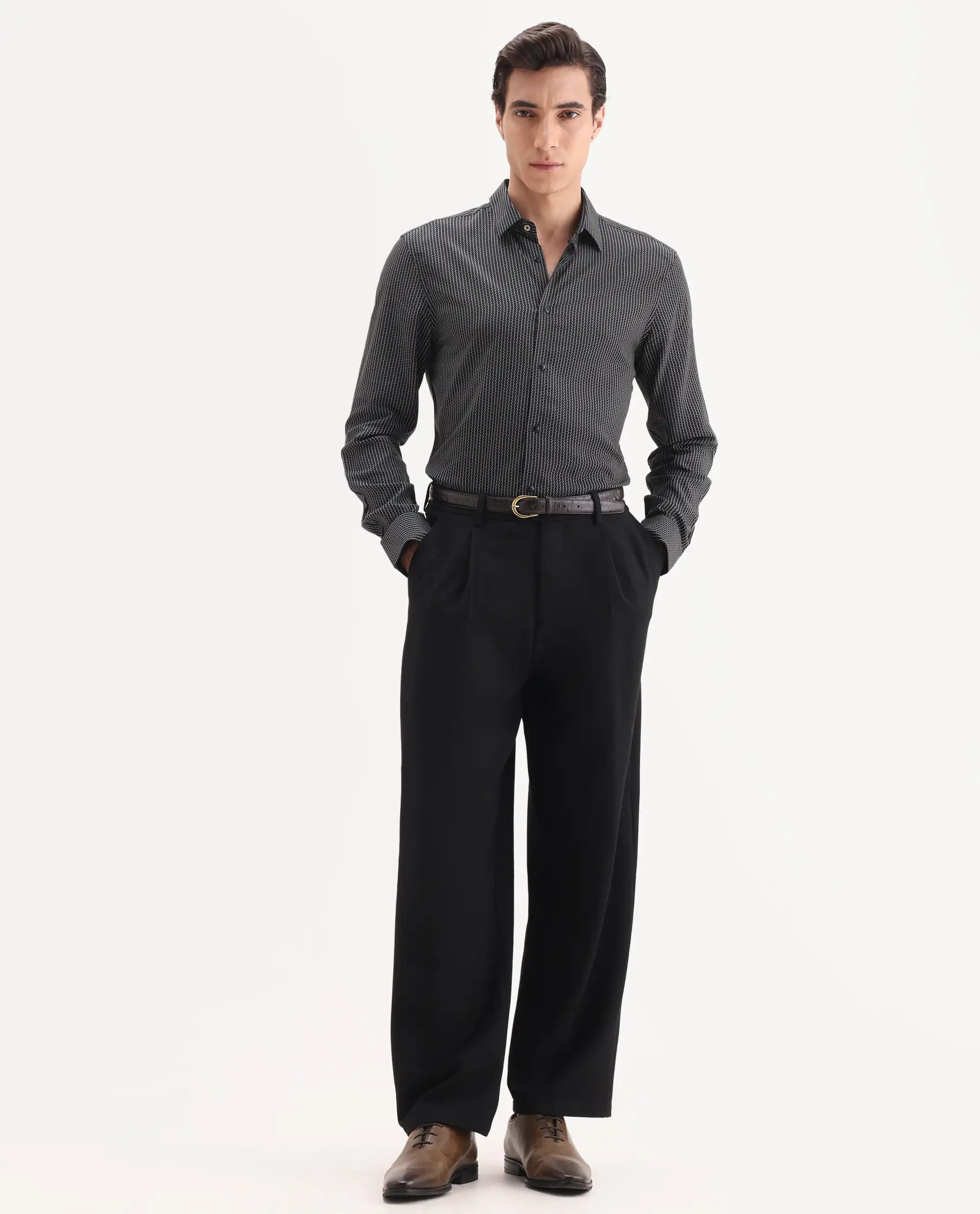 Rare Rabbit Men's Lyca Black Viscose Fabric Full Sleeve Collared Neck Geometric Print Shirt - Image 2