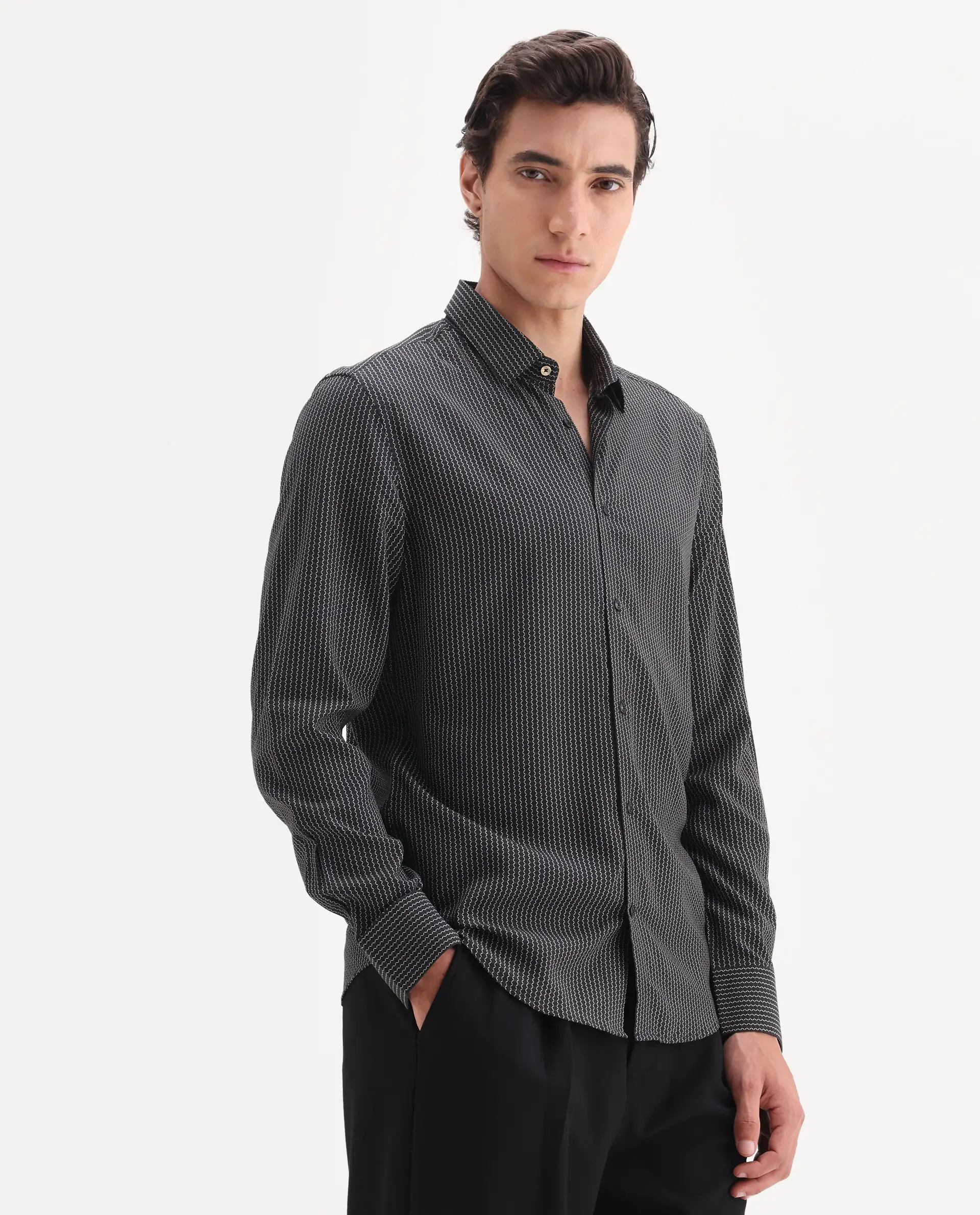 Rare Rabbit Men's Lyca Black Viscose Fabric Full Sleeve Collared Neck Geometric Print Shirt - Image 3