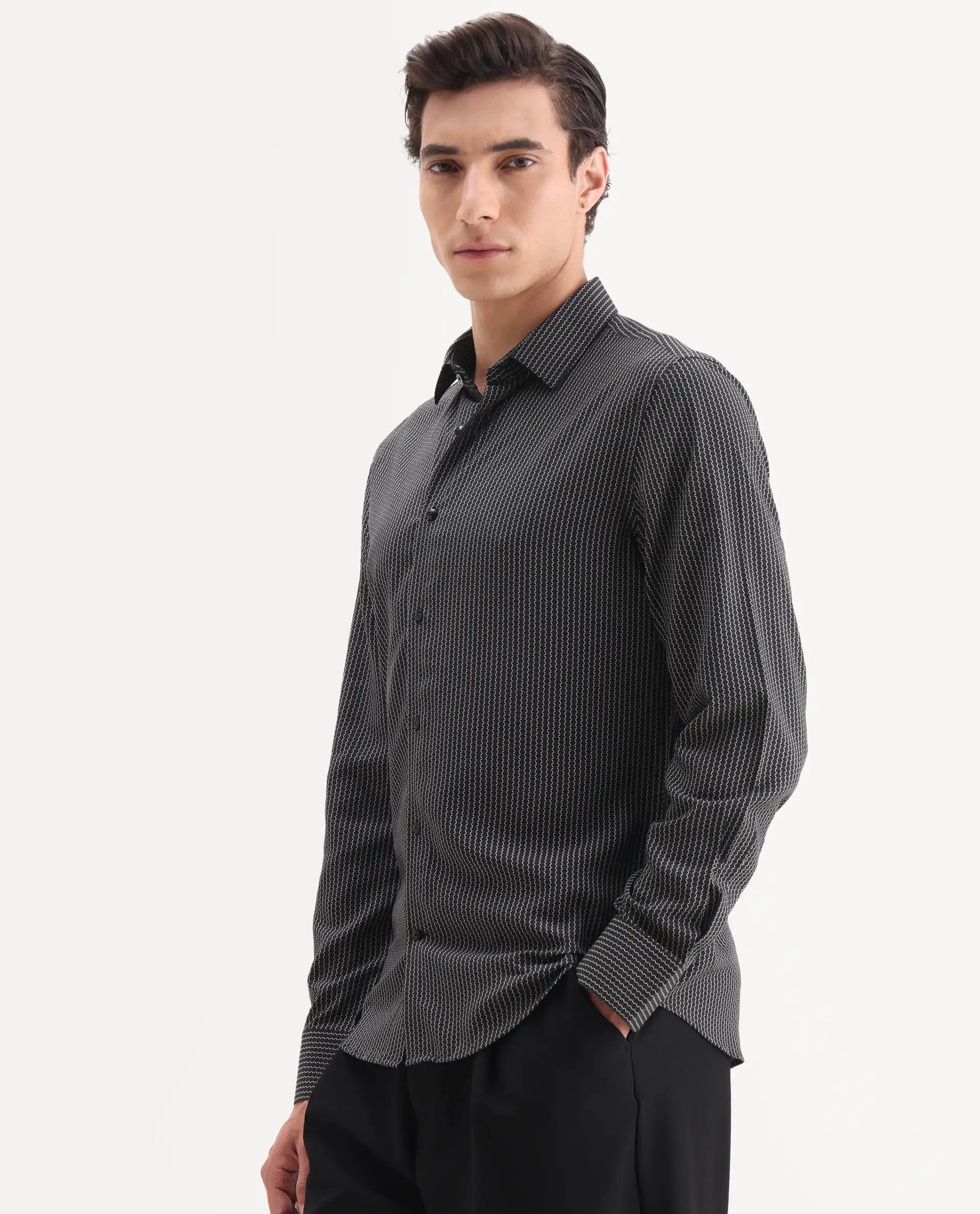 Rare Rabbit Men's Lyca Black Viscose Fabric Full Sleeve Collared Neck Geometric Print Shirt - Image 4