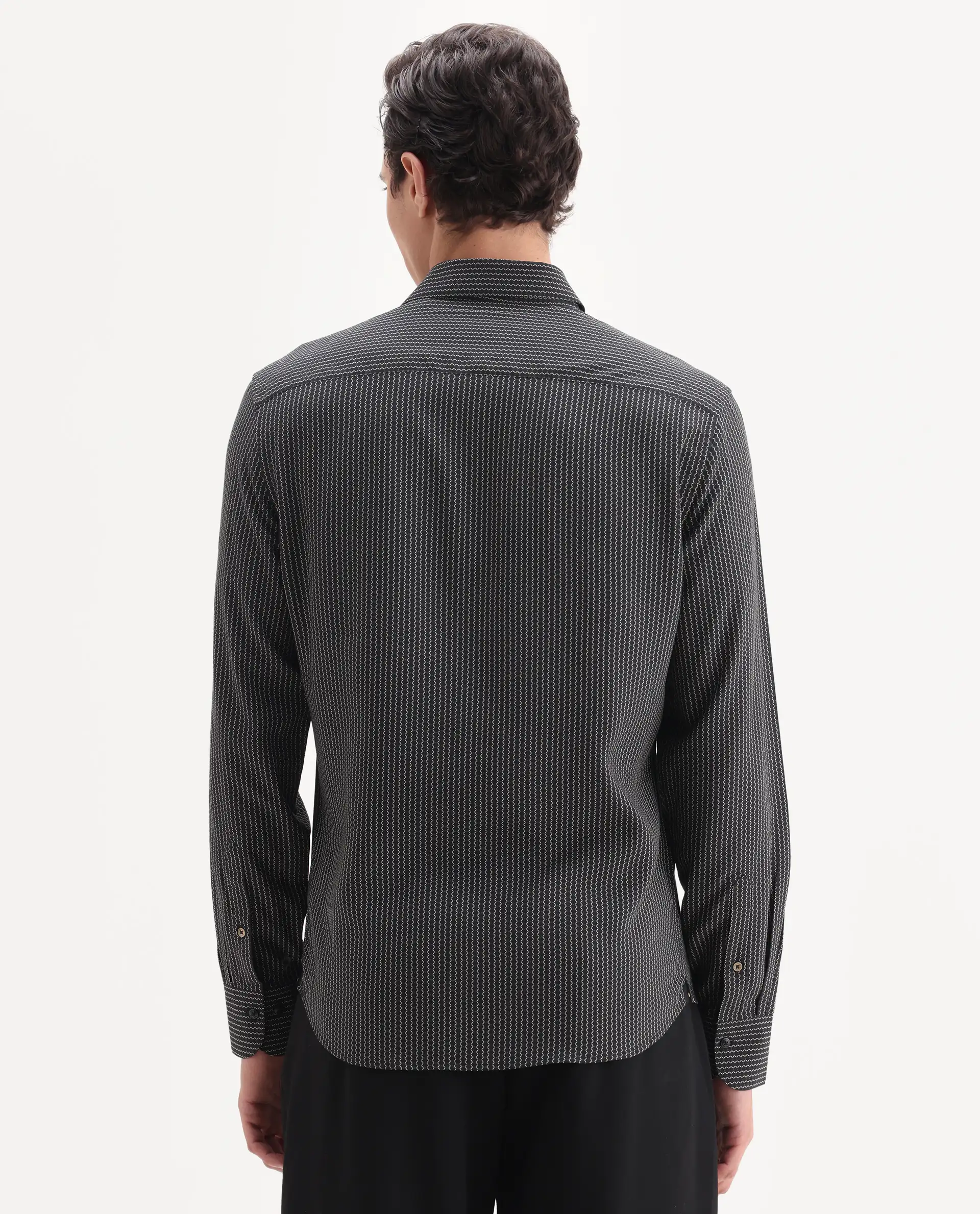 Rare Rabbit Men's Lyca Black Viscose Fabric Full Sleeve Collared Neck Geometric Print Shirt - Image 6