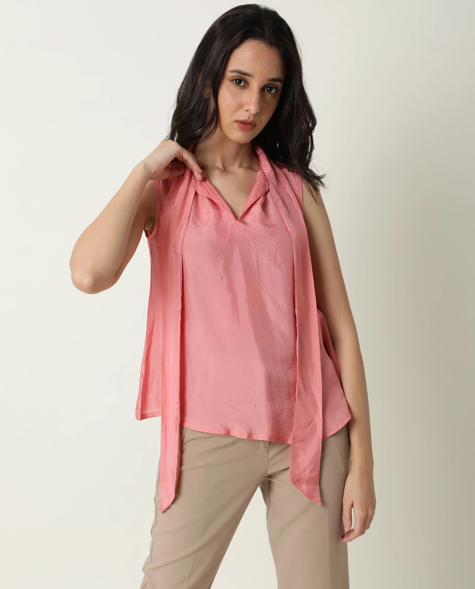 Rareism Women's Mac Pink Viscose Tie-Up Neck Plain Sleeveless Regular Fit Top