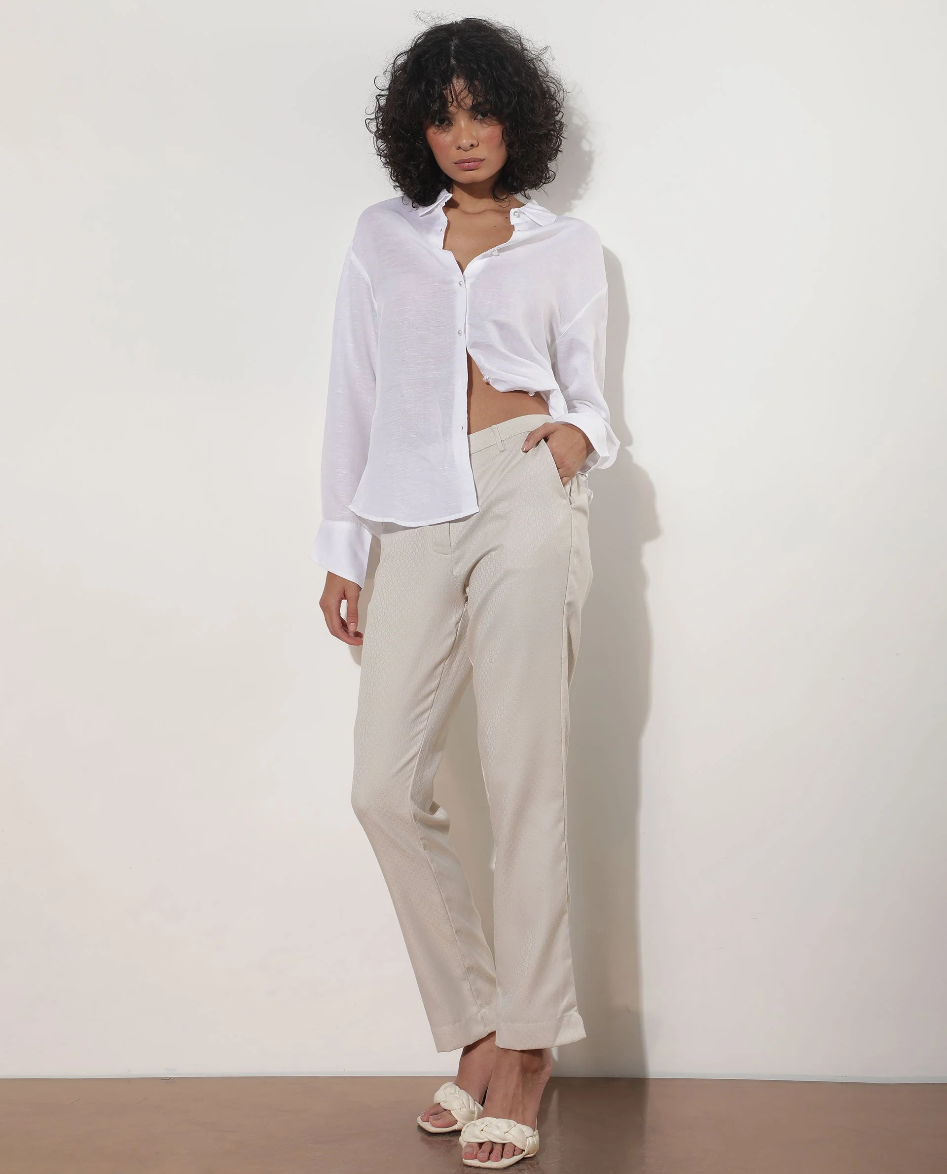 Rareism Women's Maeve Beige Polyester Blend Plain Ankle Length Tailored Trouser