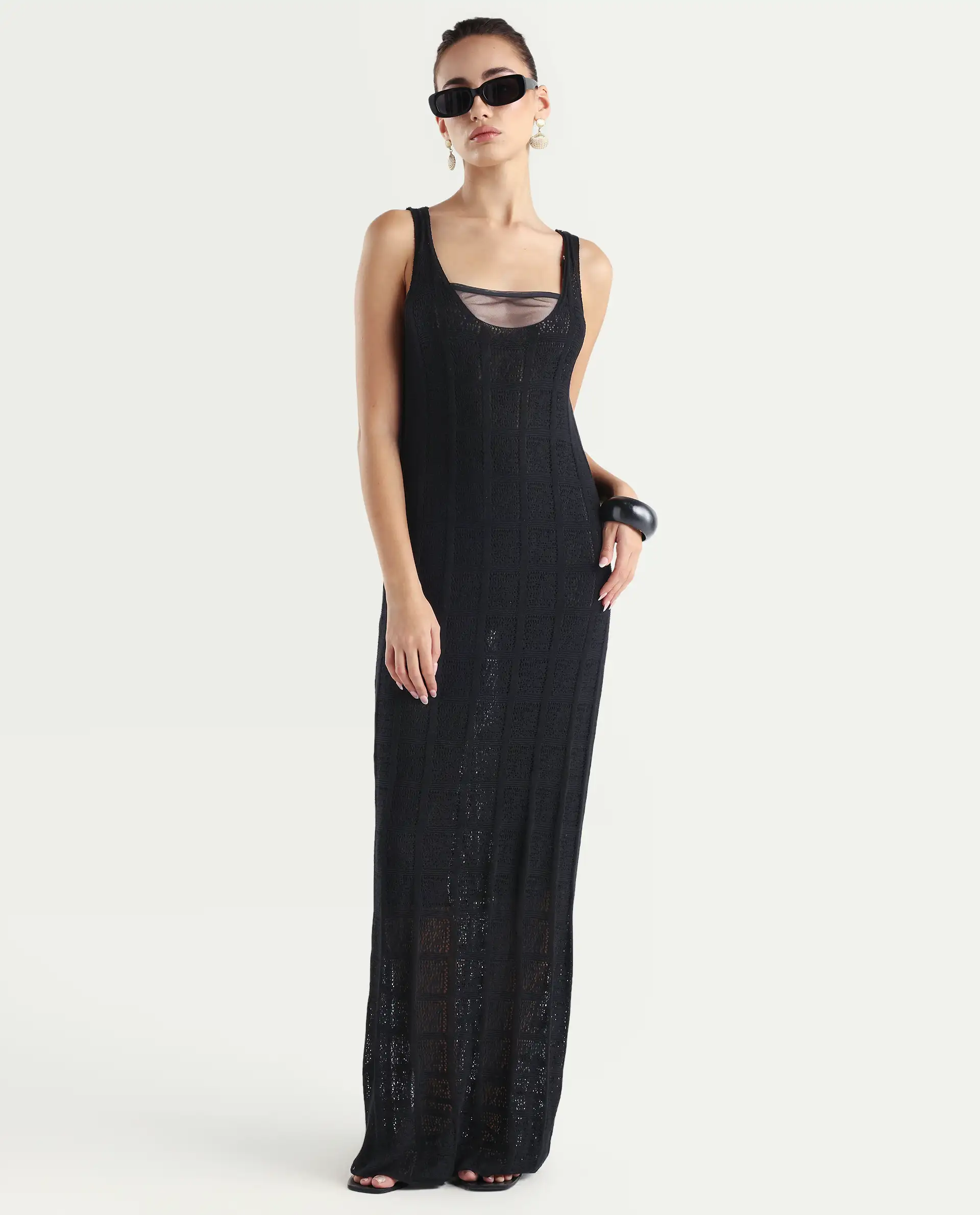 Rareism Women's Majoka Black Viscose U-Neck Plain Sleeveless Maxi Bodycon Dress