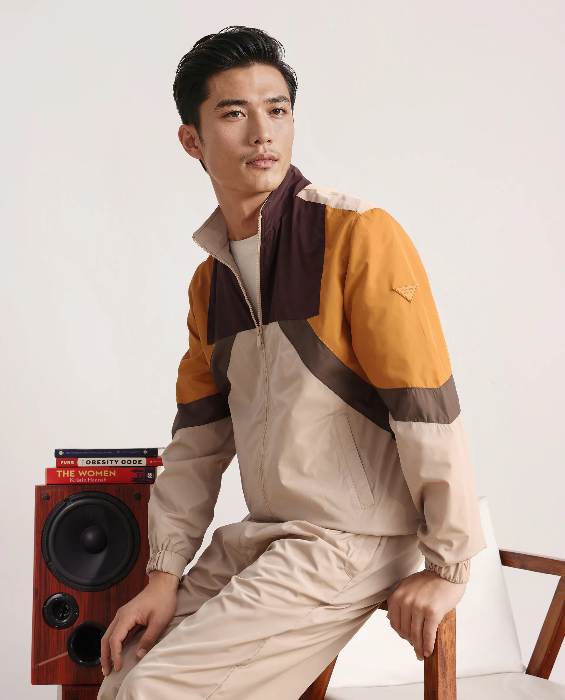 Rare Rabbit Men's Malo Beige Polyester Cut And Sew Regular Fit Full Sleeve High Neck Jacket