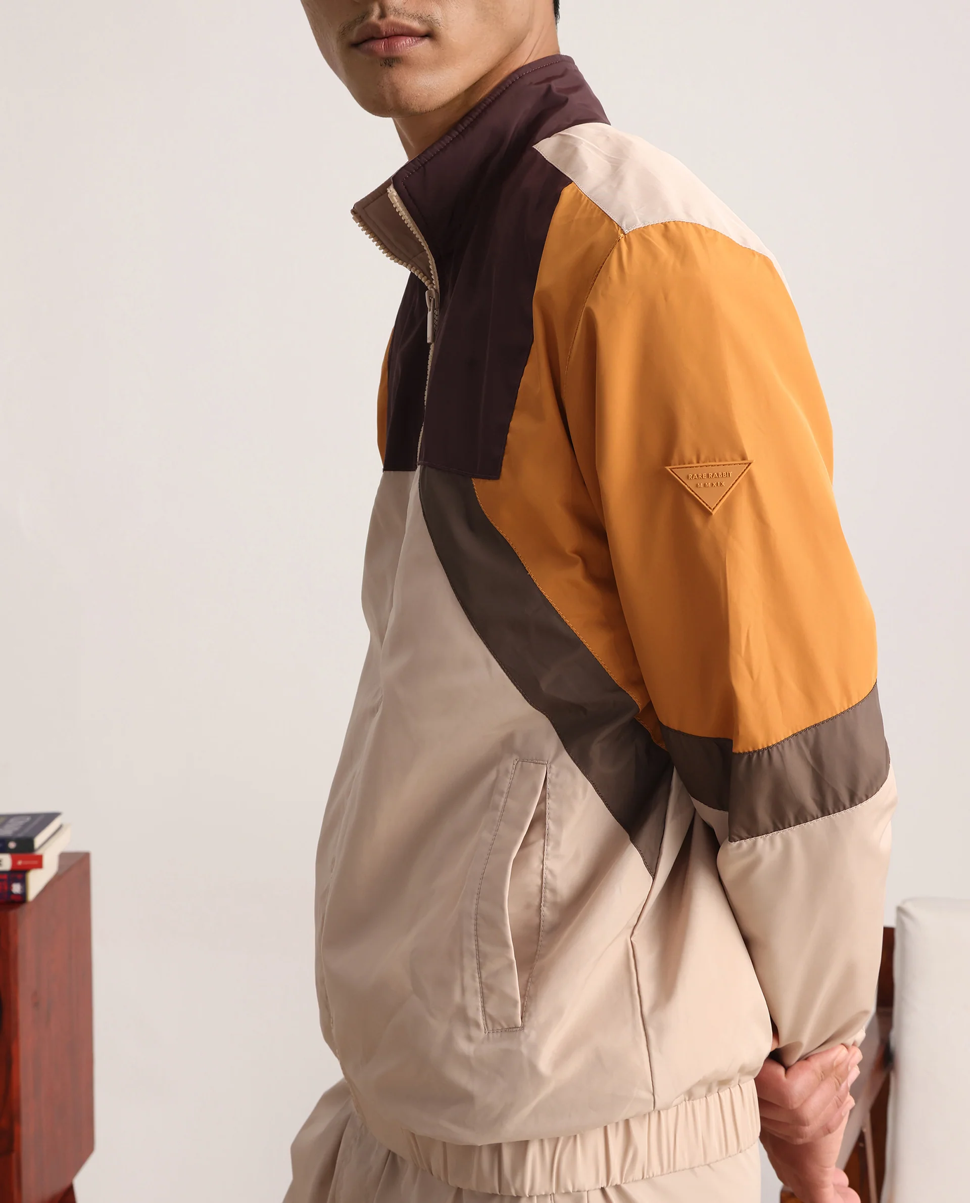 Rare Rabbit Men's Malo Beige Polyester Cut And Sew Regular Fit Full Sleeve High Neck Jacket - Image 8