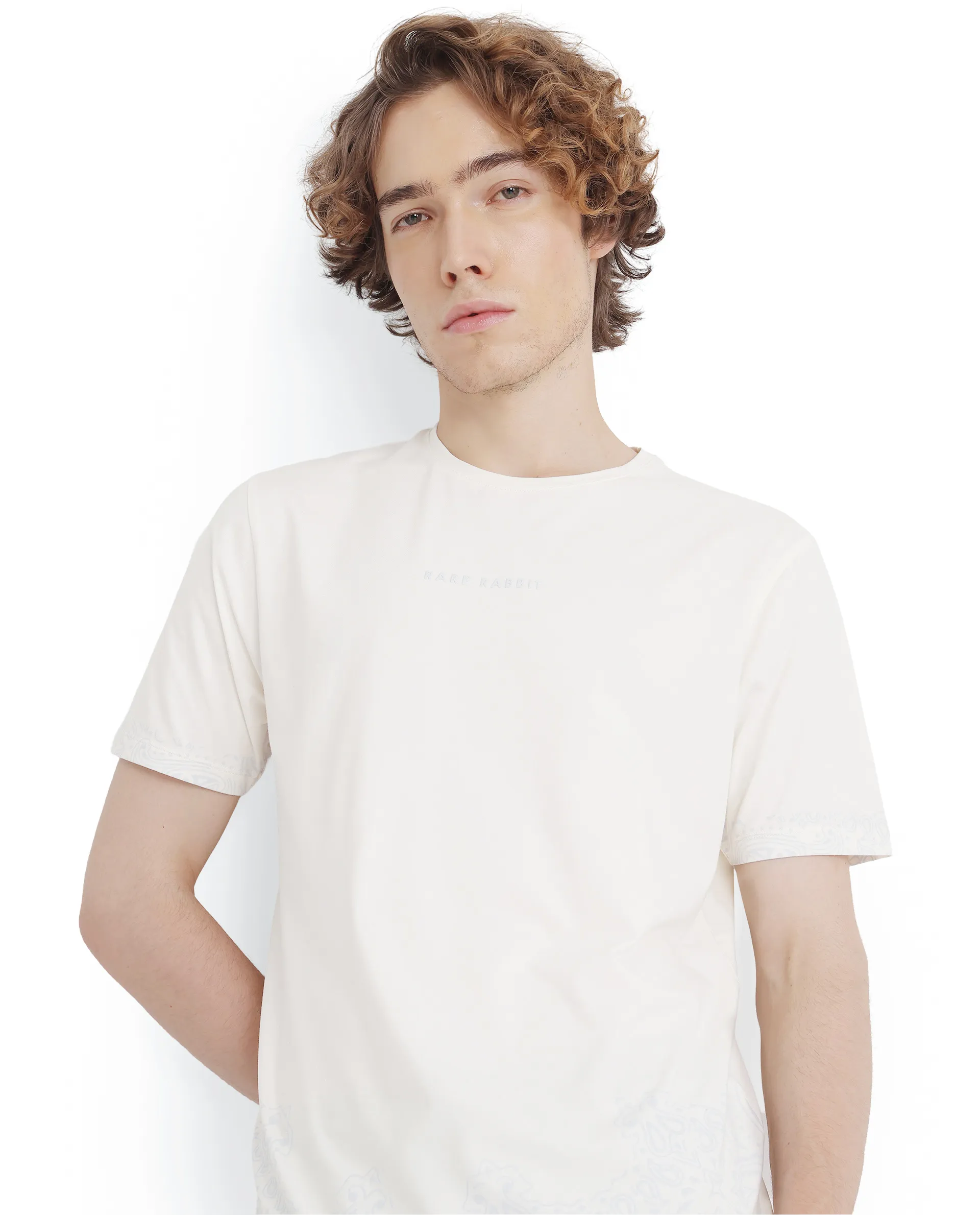 Rare Rabbit Men's Malon Off White Cotton Paisley Print Regular Fit Half Sleeve Crew Neck T-Shirt