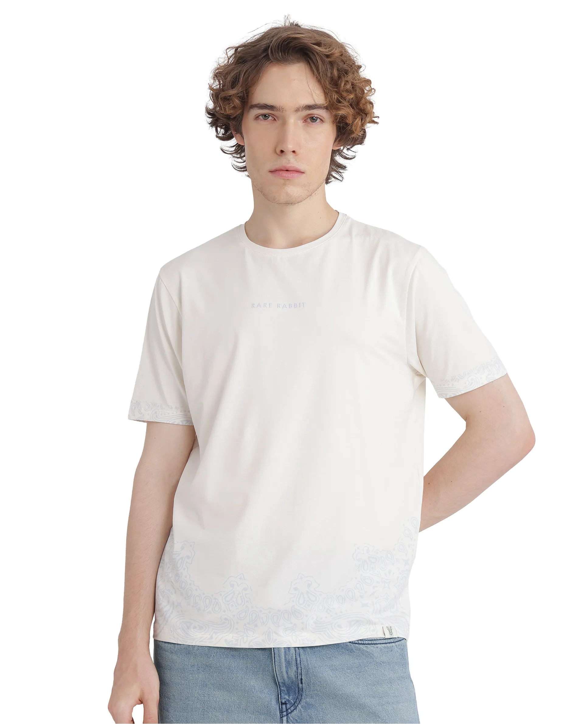 Rare Rabbit Men's Malon Off White Cotton Paisley Print Regular Fit Half Sleeve Crew Neck T-Shirt - Image 2