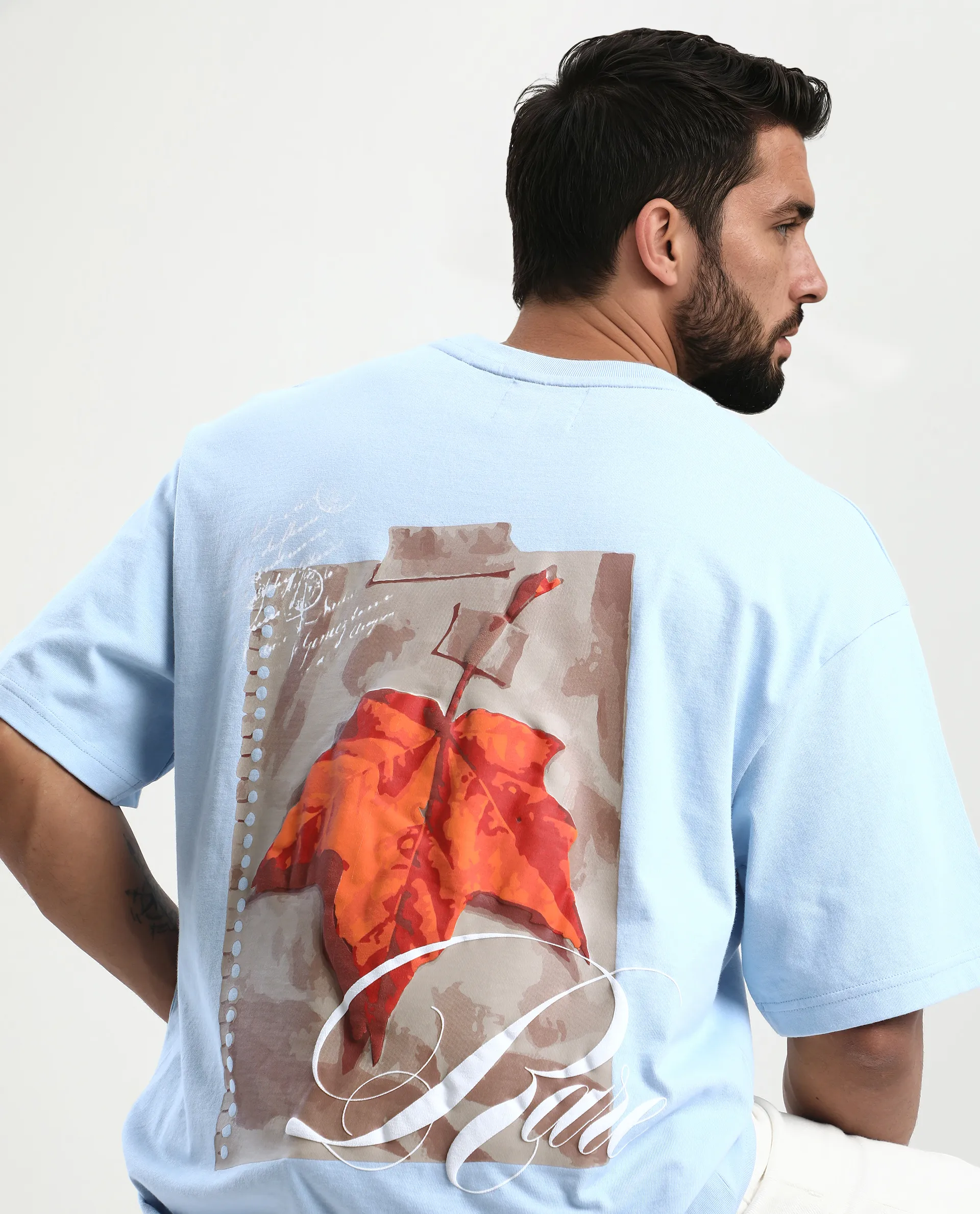 Rare Rabbit Men's Mapler Blue Cotton Graphic Print Oversized Fit Half Sleeve Crew Neck T-Shirt