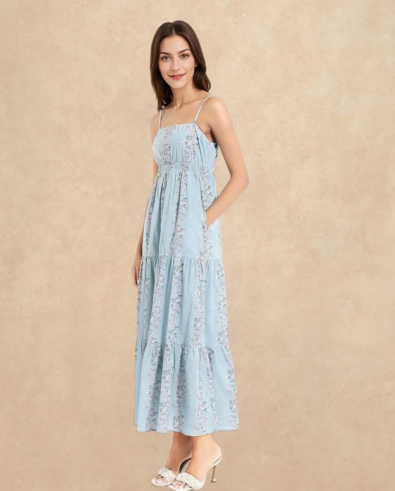 Rareism Women's Marantt Dusky Blue Cotton Shoulder Strap Floral Print Shoulder Strap Maxi Fit And Flare Dress - Image 4