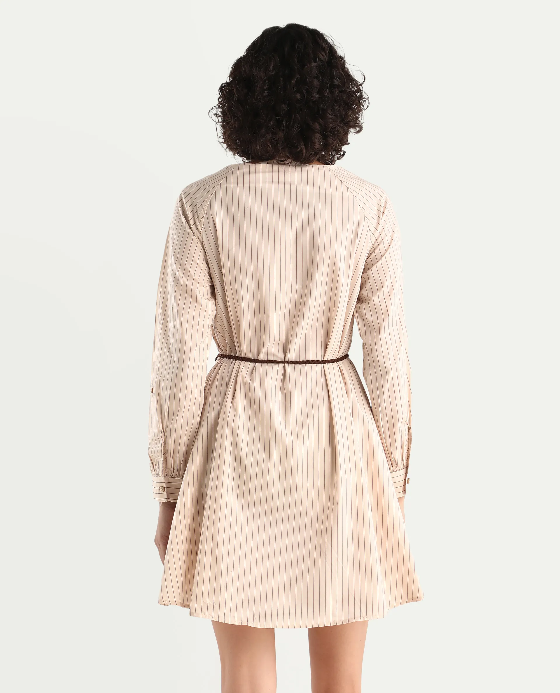 Rareism Women's Margaret Beige V-Neck Striped Mini A-Line Dress - Image 7