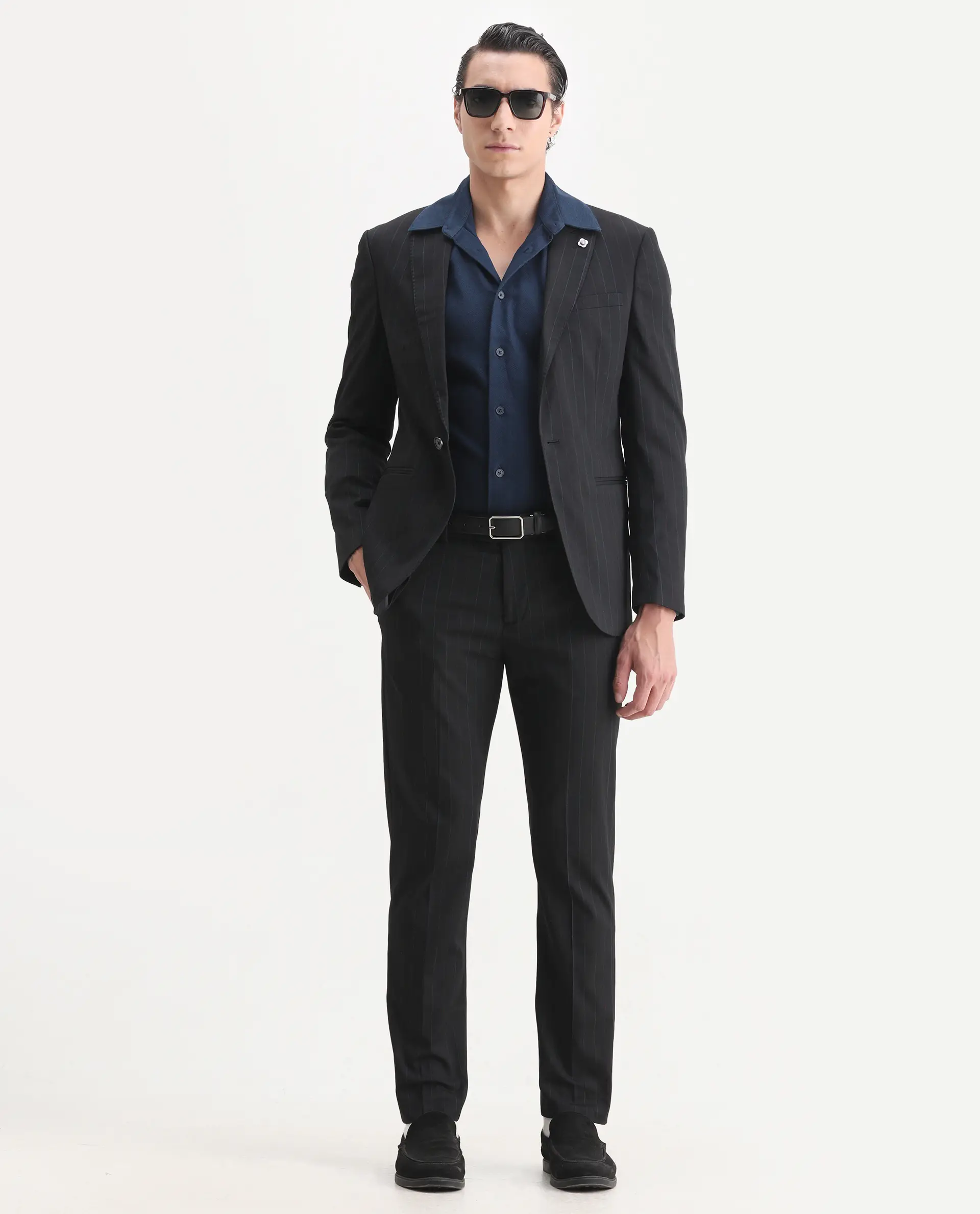 Rare Rabbit Men's Markas Black Polyester Striped Print Tailored Fit Full Sleeve Lapel Neck Suits