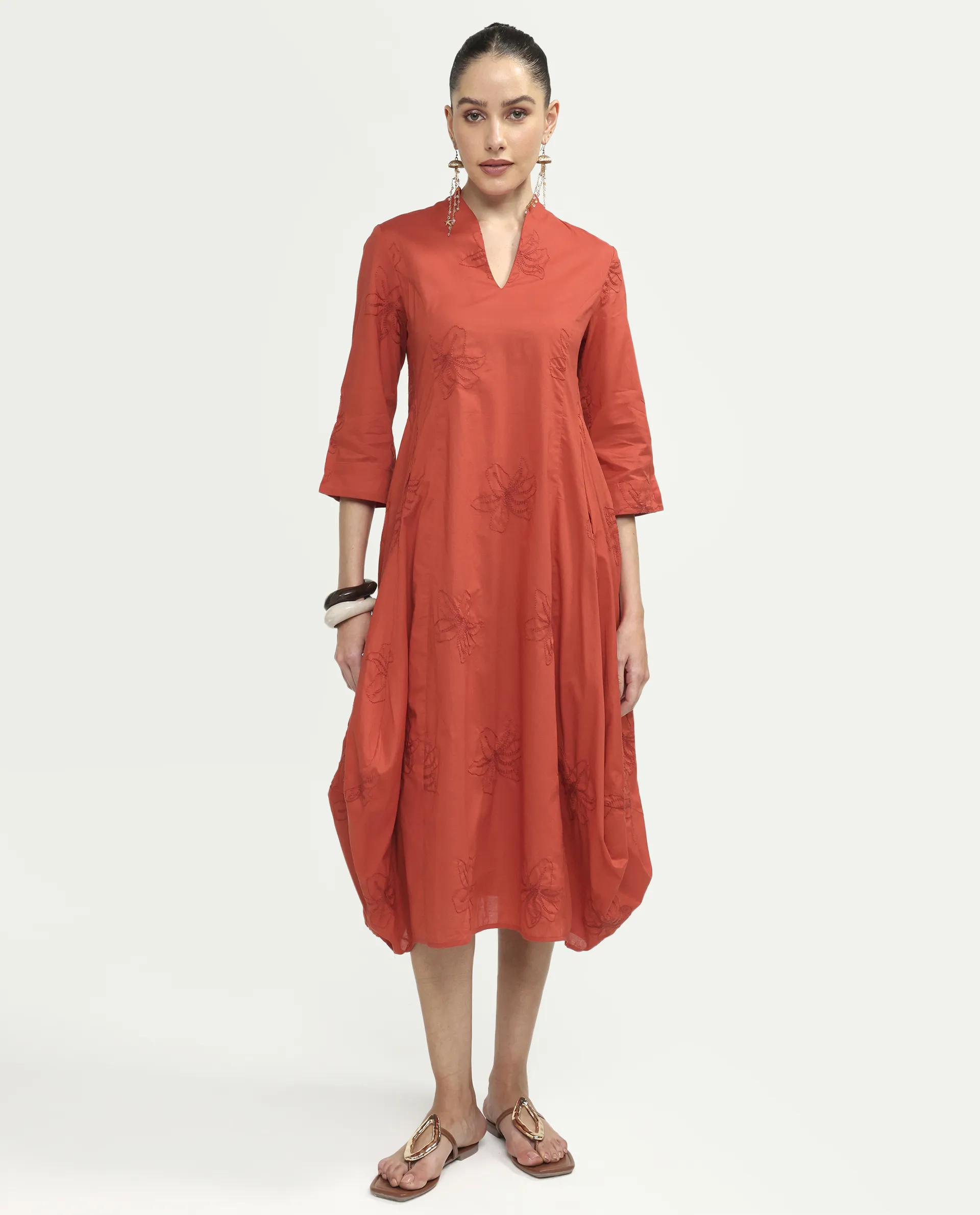 Rareism Women's Marky Rust Cotton Blend 3/4Th Sleeve V-Neck Relaxed Embroidered Dress - Image 2