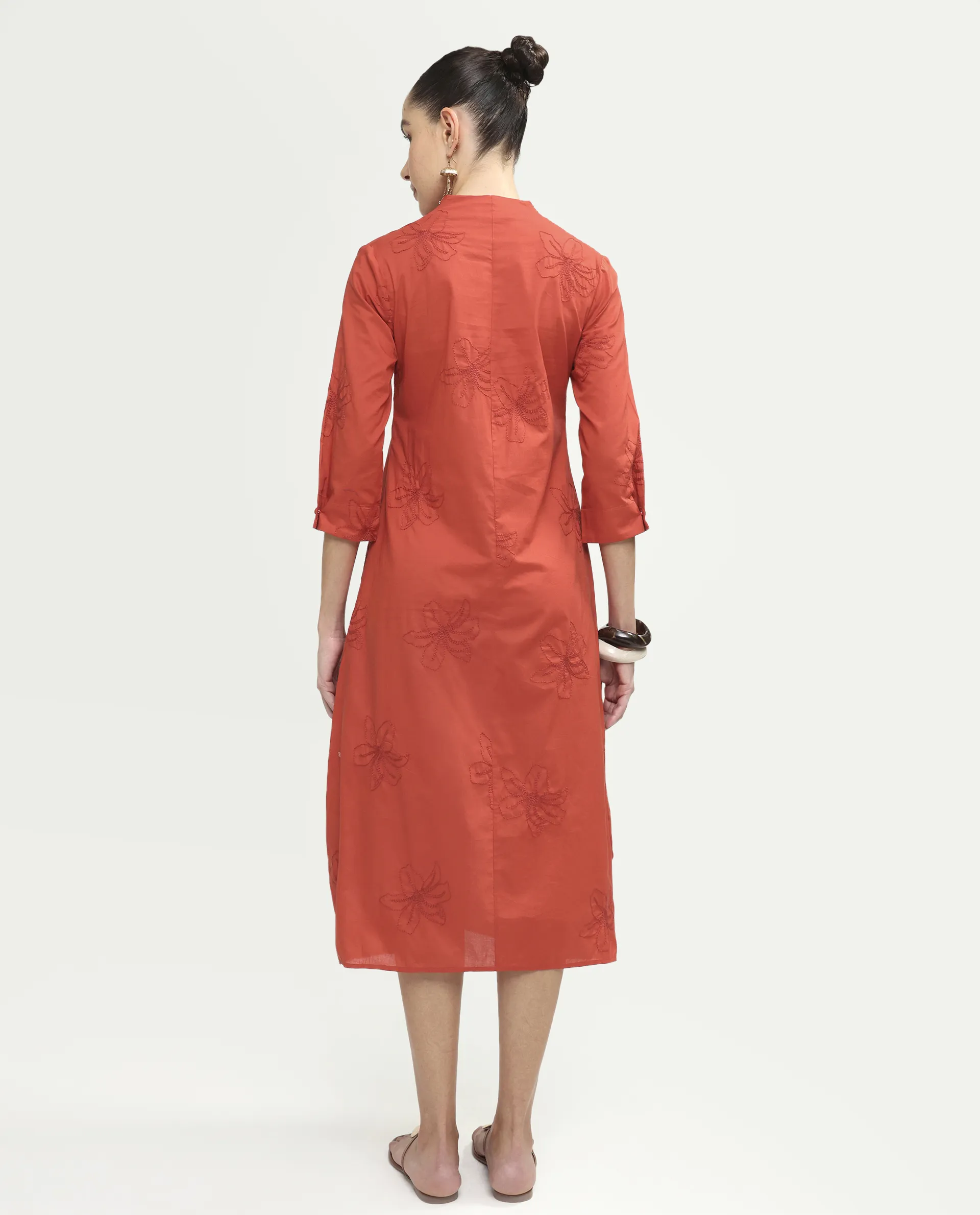 Rareism Women's Marky Rust Cotton Blend 3/4Th Sleeve V-Neck Relaxed Embroidered Dress - Image 7