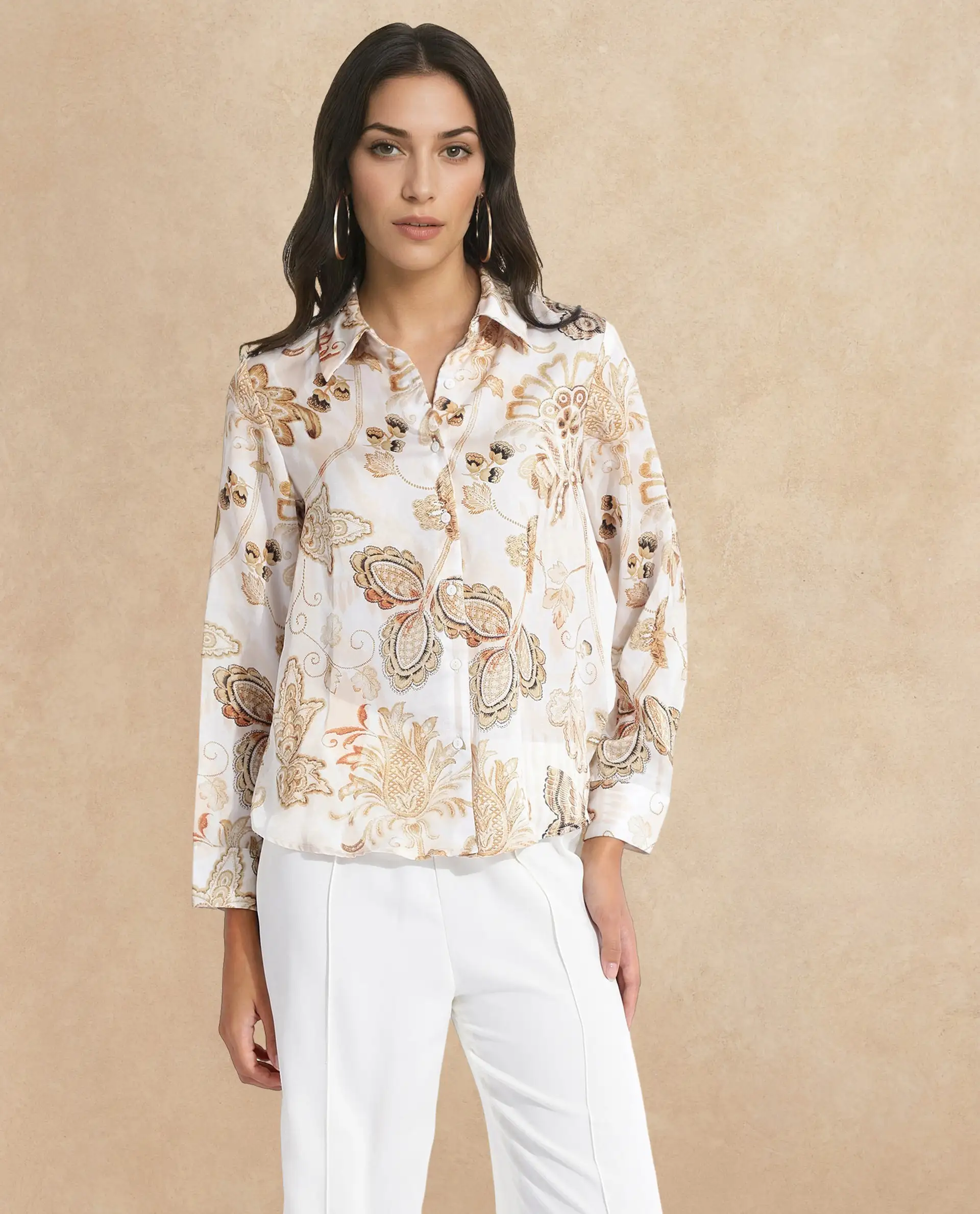 Rareism Women's Marl Multi Polyester Drop Collar Paisley Print Cuffed Sleeve Regular Fit Shirt