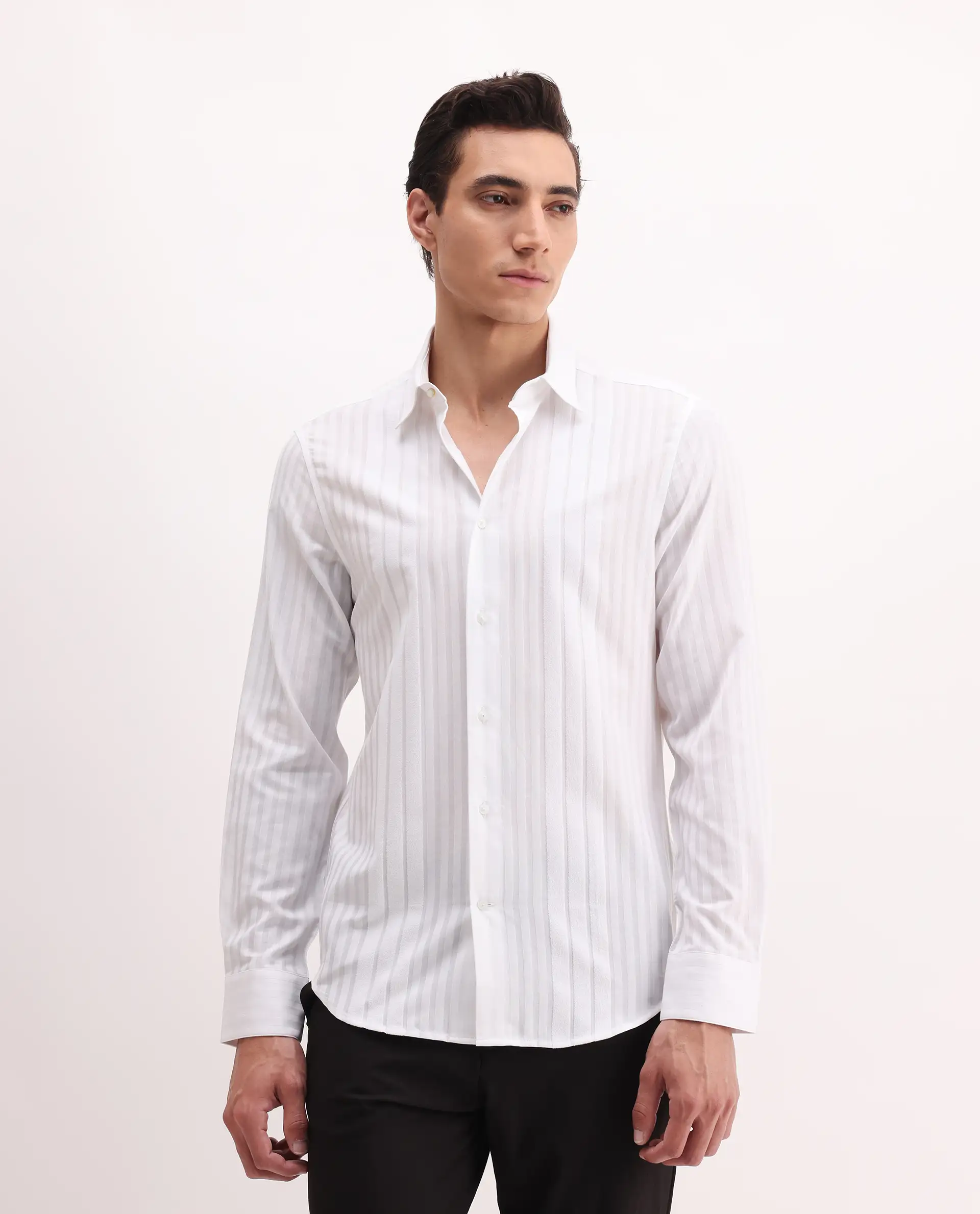 Rare Rabbit Men's Marlo-25 White Cotton Striped Print Regular Fit Full Sleeve Collared Shirt - Image 3