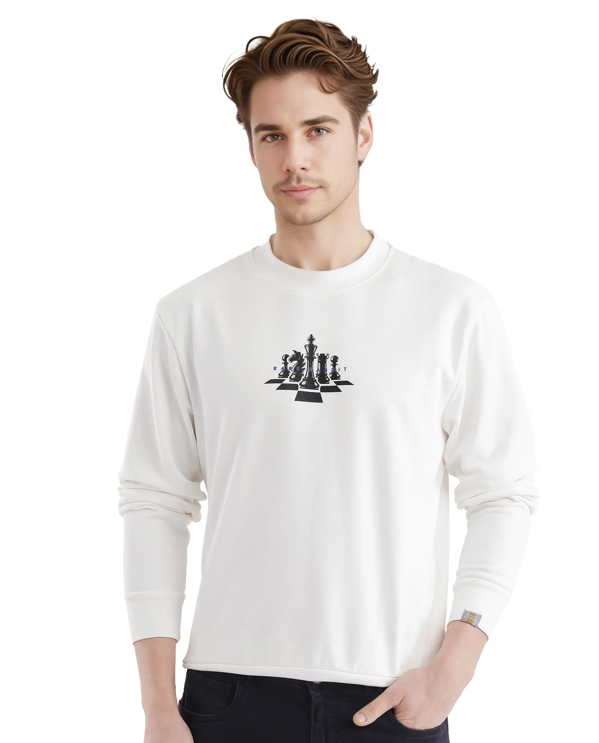 Rare Rabbit Men's Marq Off White Polyester Graphic Print Regular Fit Full Sleeve Crew Neck Sweatshirt