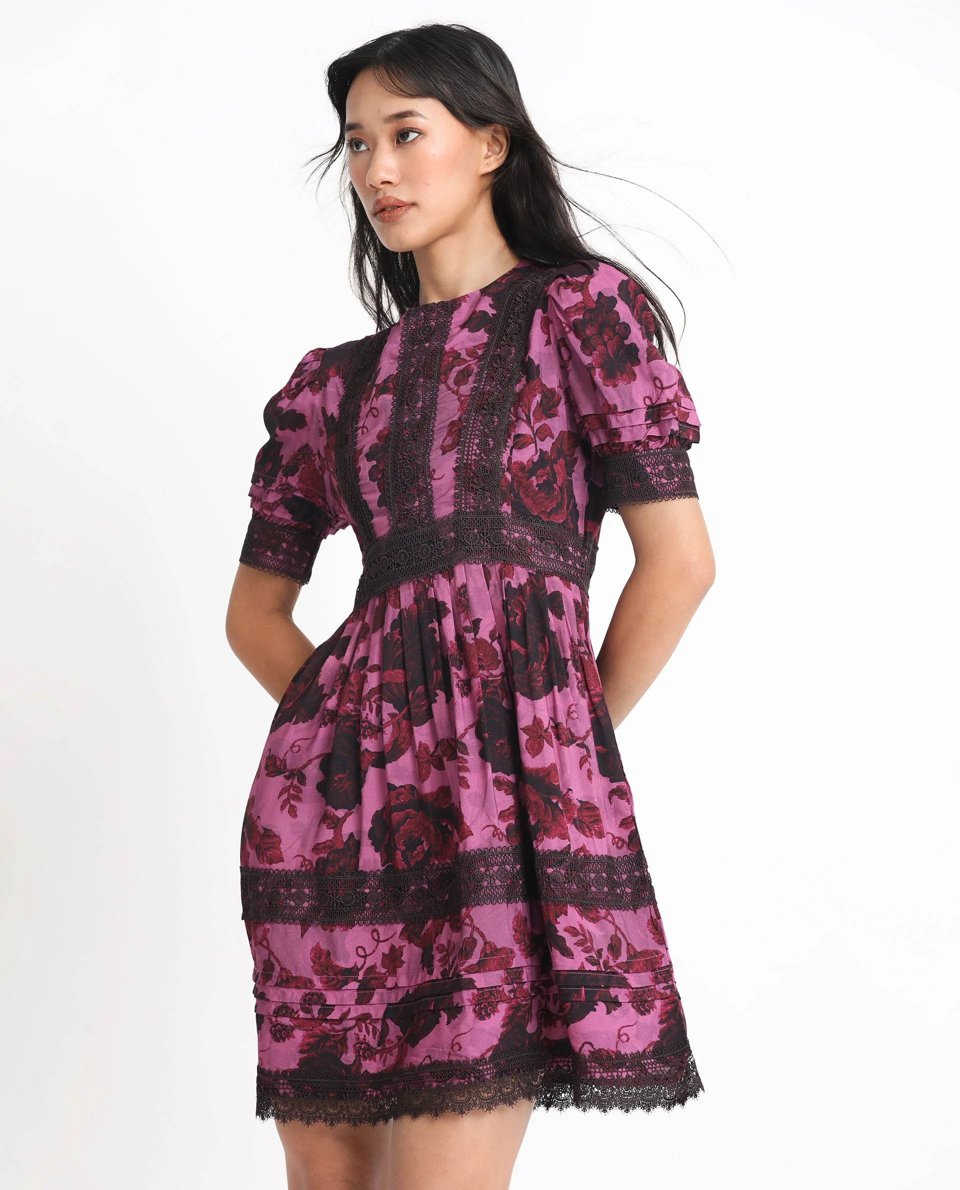 Rareism Women's Marte Maroon Viscose Crew Neck Floral Print Mini Regular Fit Dress