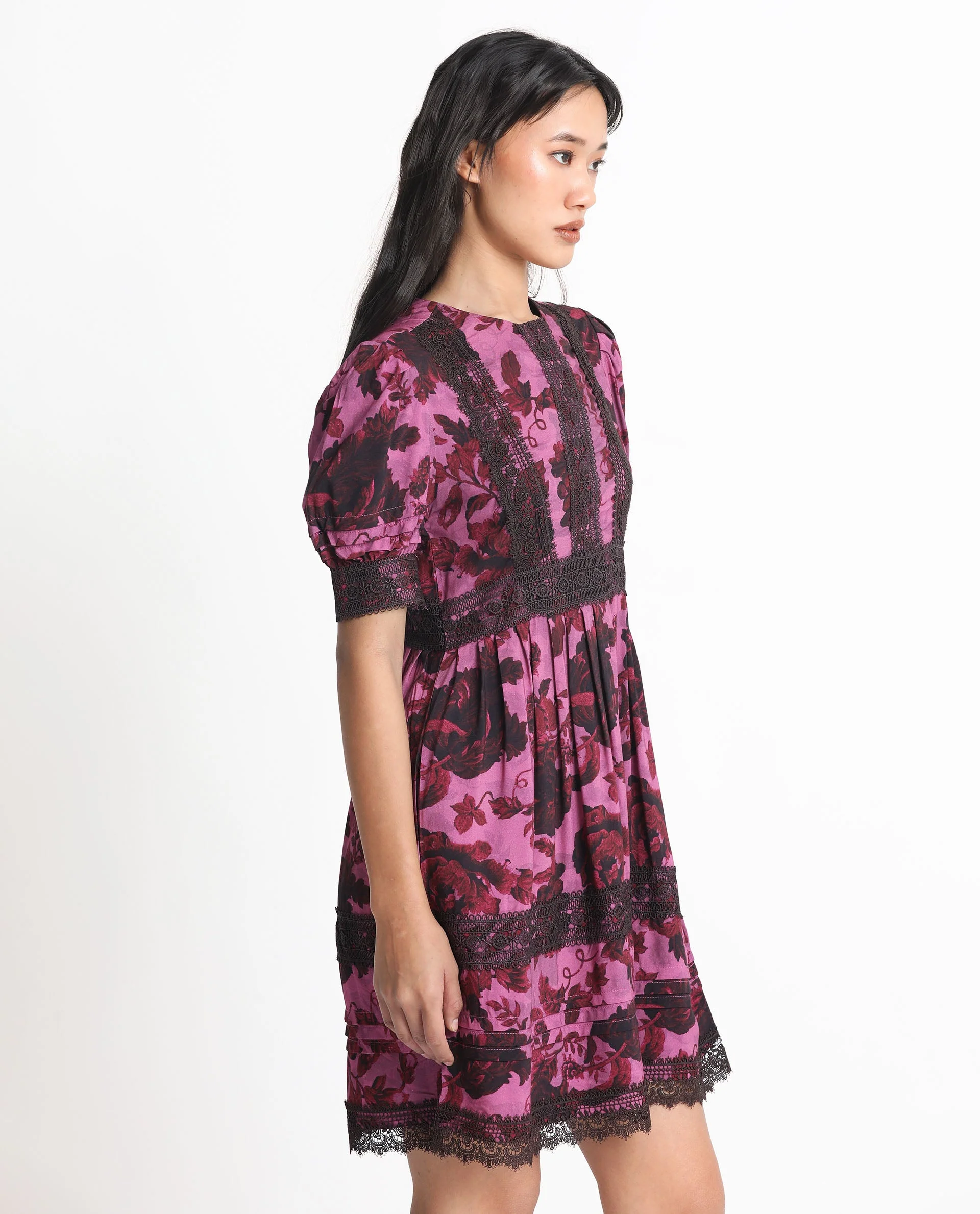 Rareism Women's Marte Maroon Viscose Crew Neck Floral Print Mini Regular Fit Dress - Image 10