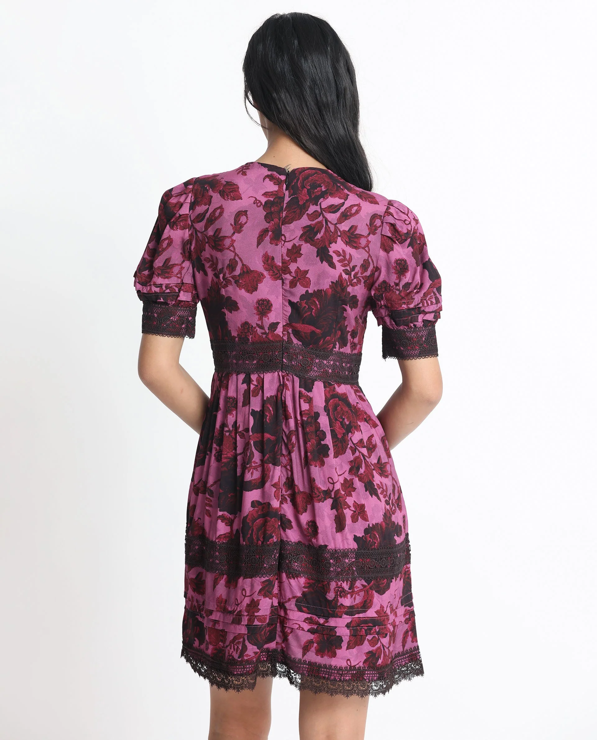 Rareism Women's Marte Maroon Viscose Crew Neck Floral Print Mini Regular Fit Dress - Image 11