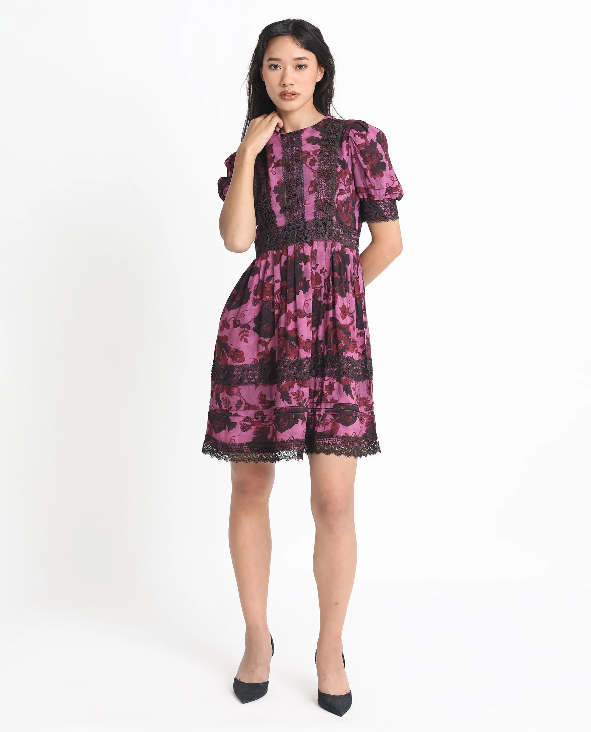 Rareism Women's Marte Maroon Viscose Crew Neck Floral Print Mini Regular Fit Dress - Image 3