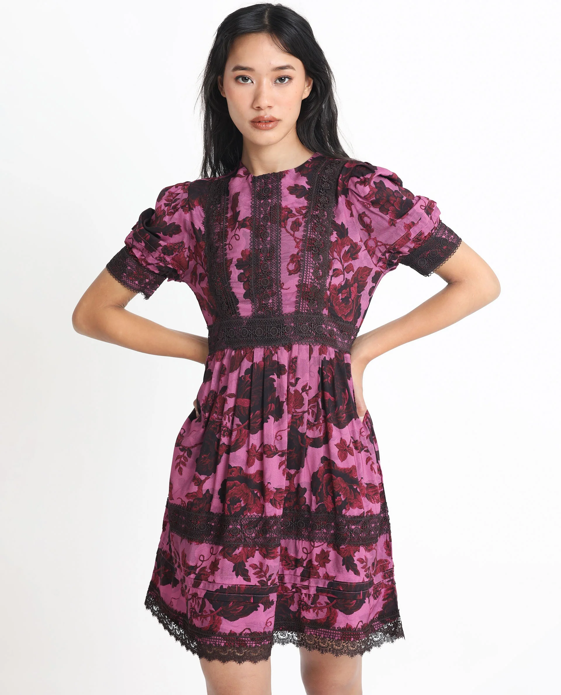 Rareism Women's Marte Maroon Viscose Crew Neck Floral Print Mini Regular Fit Dress - Image 4