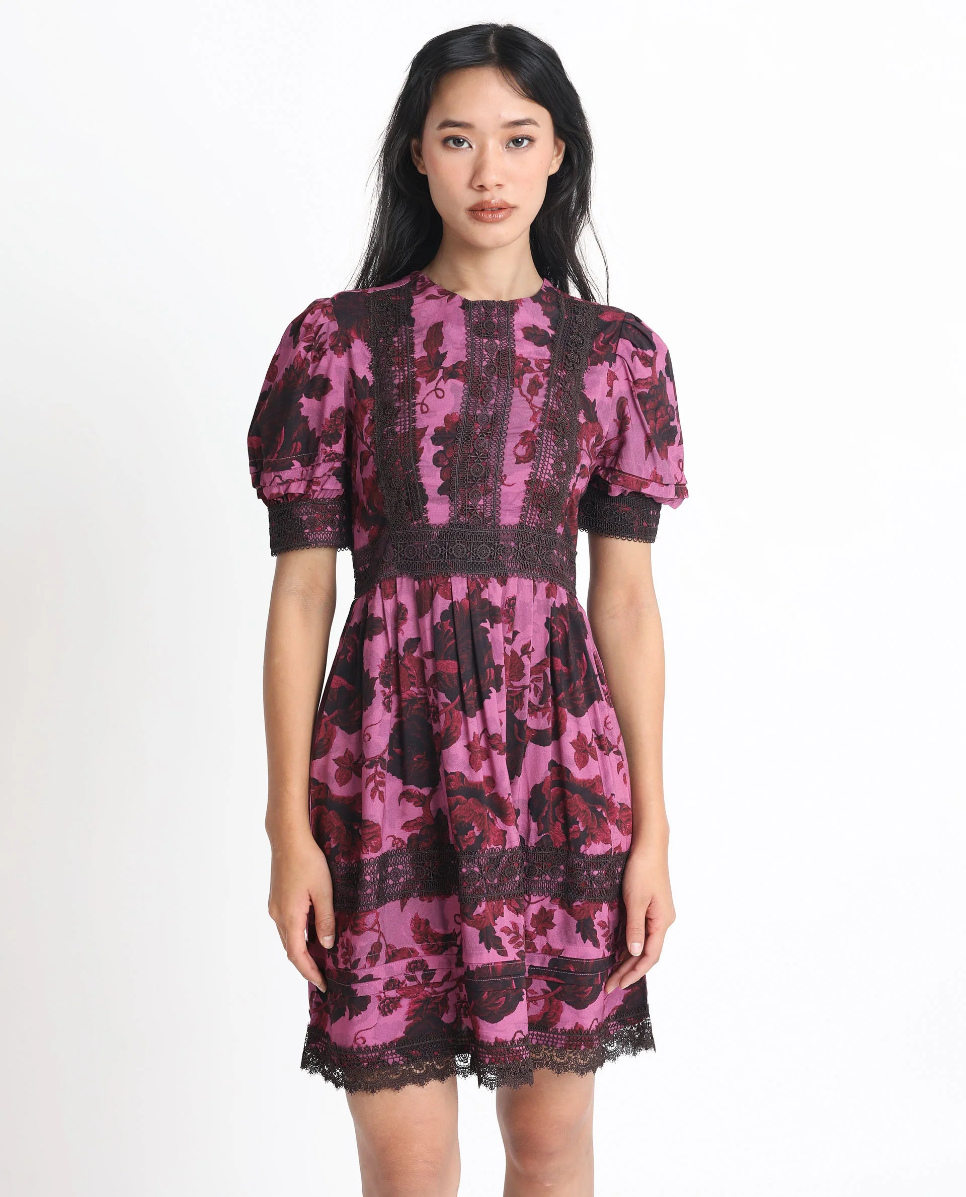 Rareism Women's Marte Maroon Viscose Crew Neck Floral Print Mini Regular Fit Dress - Image 5