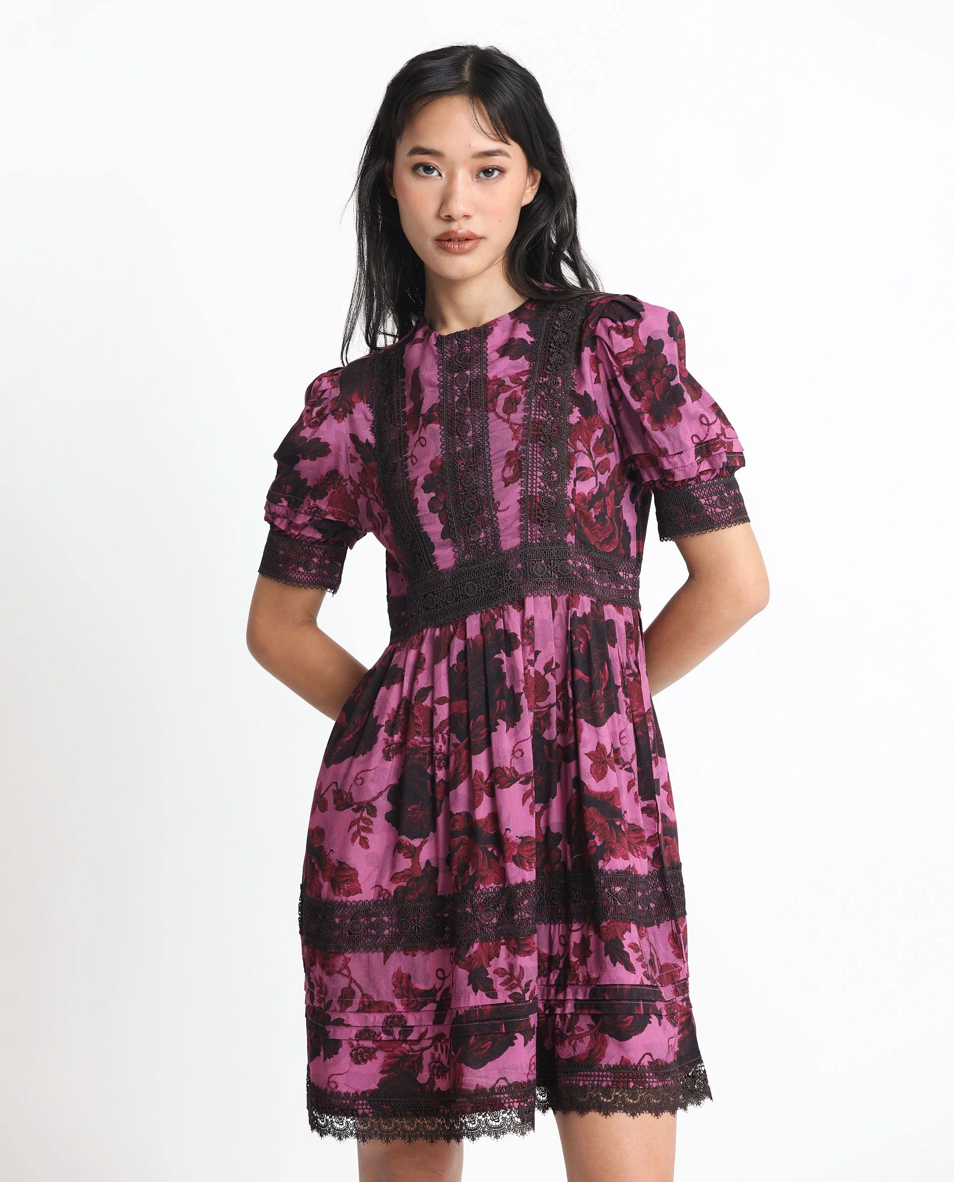 Rareism Women's Marte Maroon Viscose Crew Neck Floral Print Mini Regular Fit Dress - Image 6