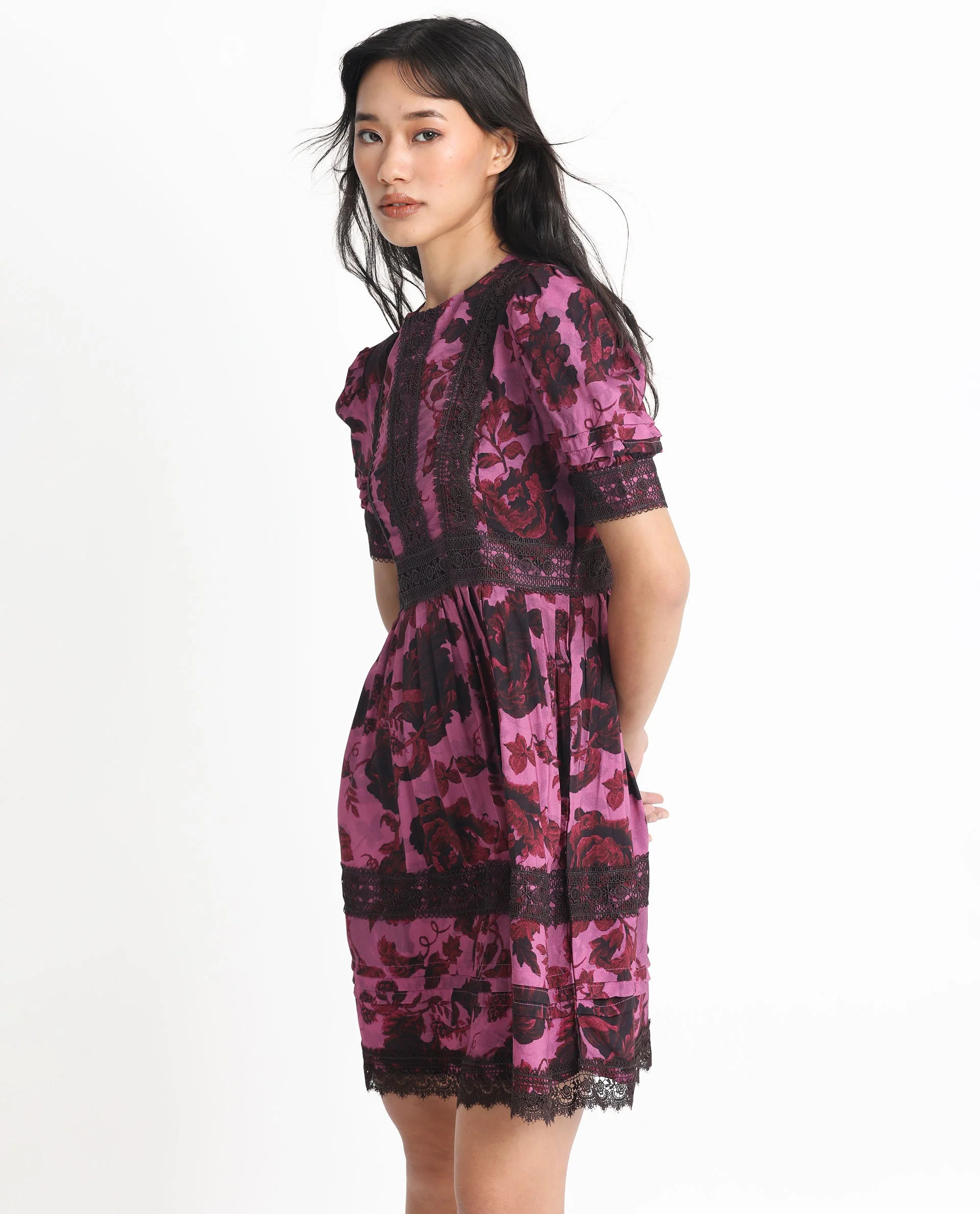 Rareism Women's Marte Maroon Viscose Crew Neck Floral Print Mini Regular Fit Dress - Image 8