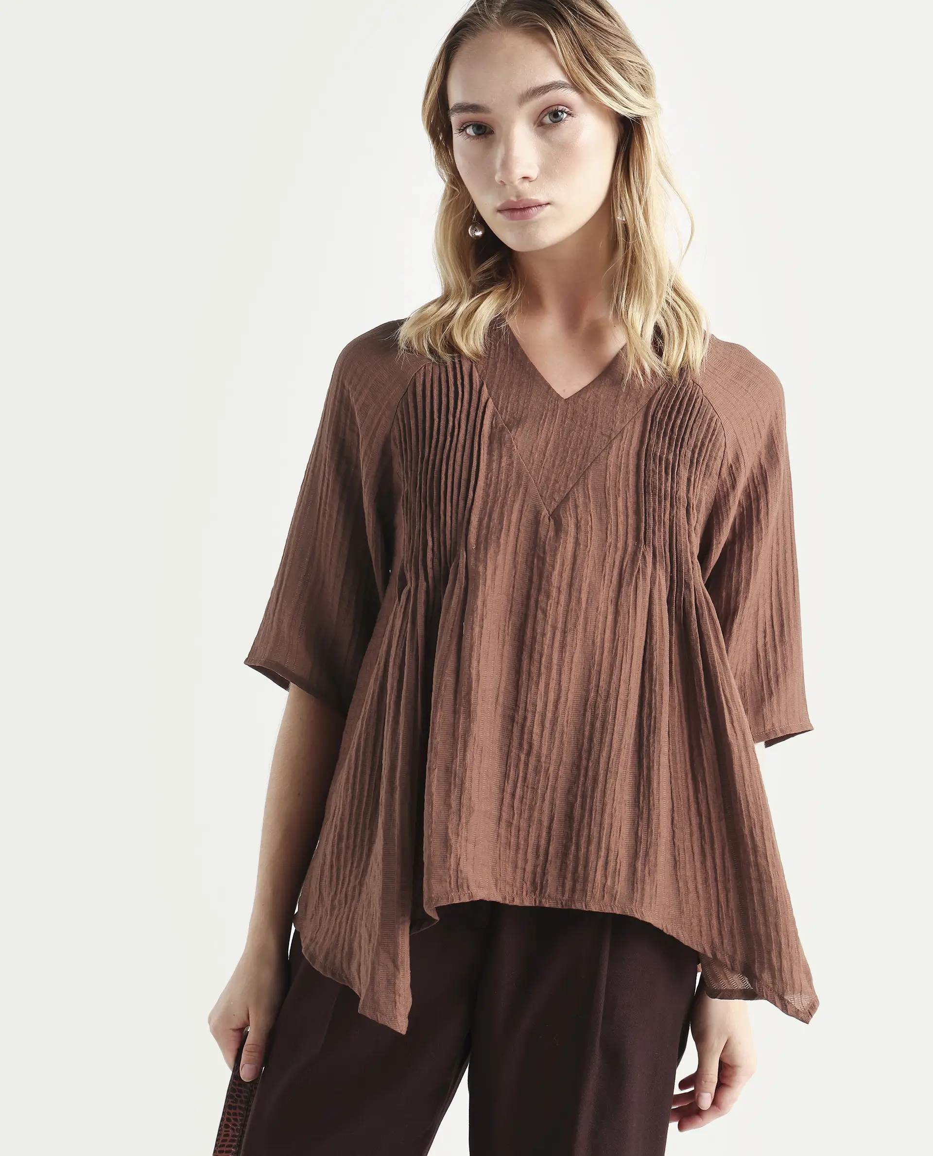 Rareism Women's Maruka Rust Polyester Blend V-Neck Plain Raglan Sleeve Regular Fit Top