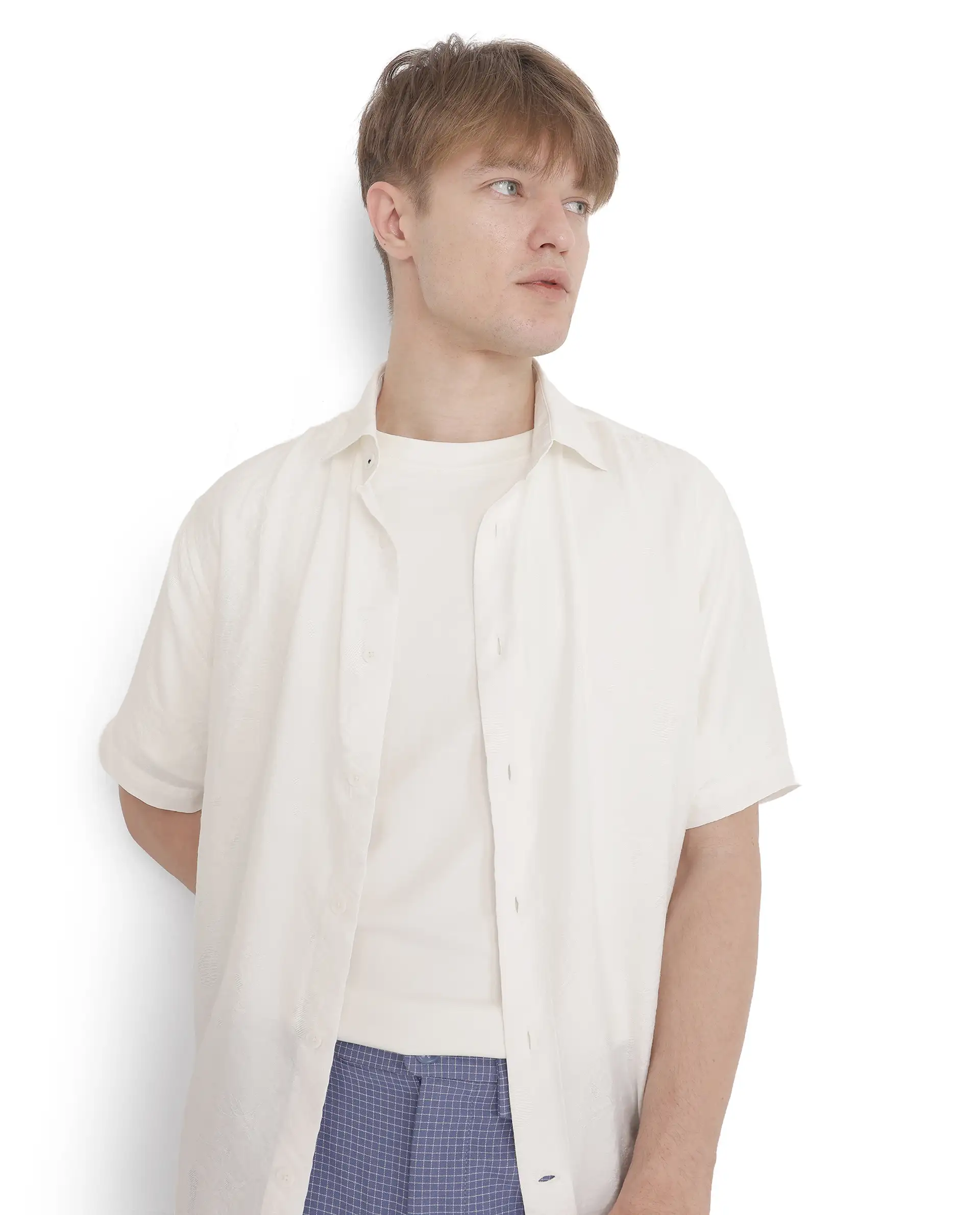 Rare Rabbit Men's Masie White Viscose Plain Regular Fit Half Sleeve Collared Shirt