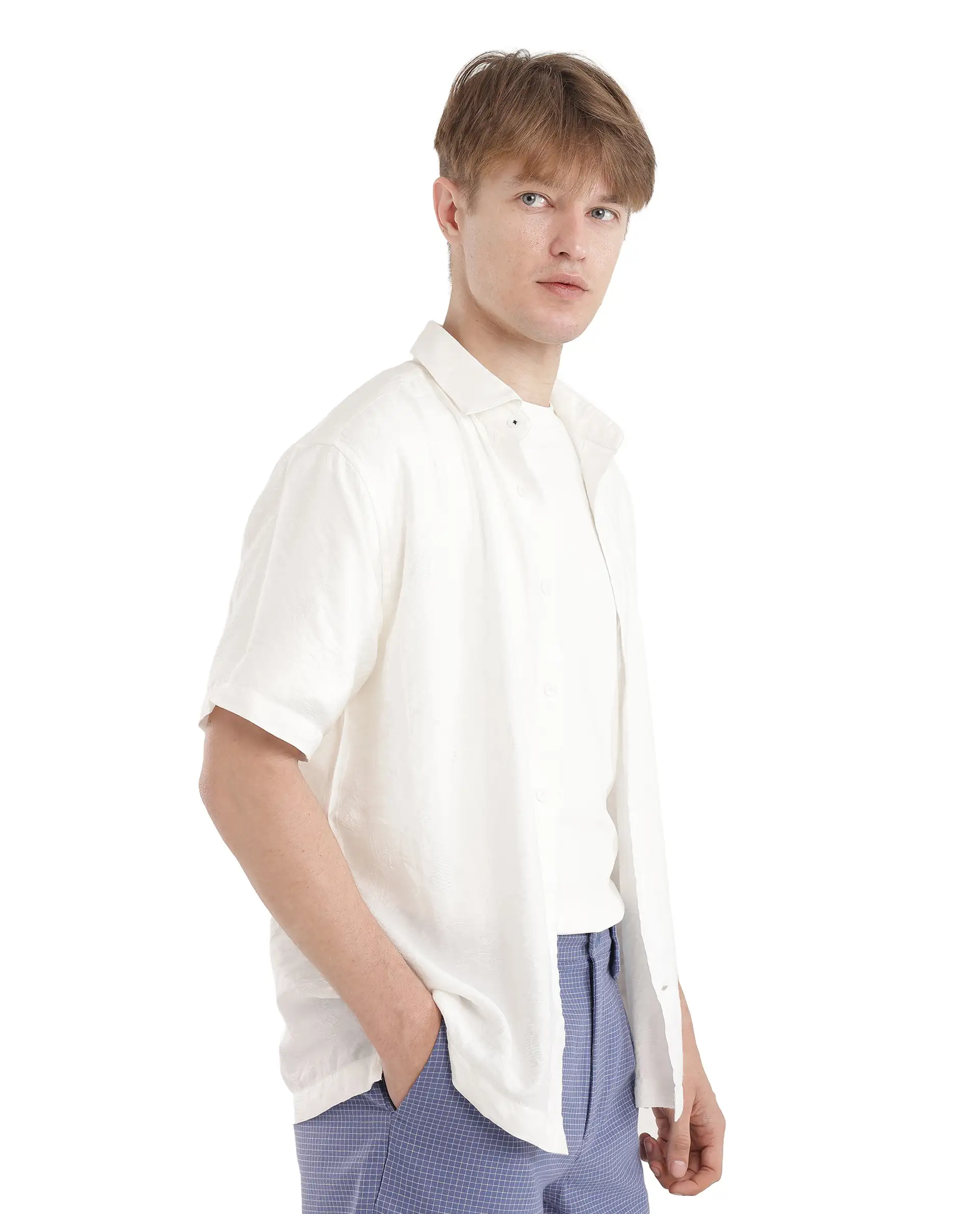 Rare Rabbit Men's Masie White Viscose Plain Regular Fit Half Sleeve Collared Shirt - Image 6