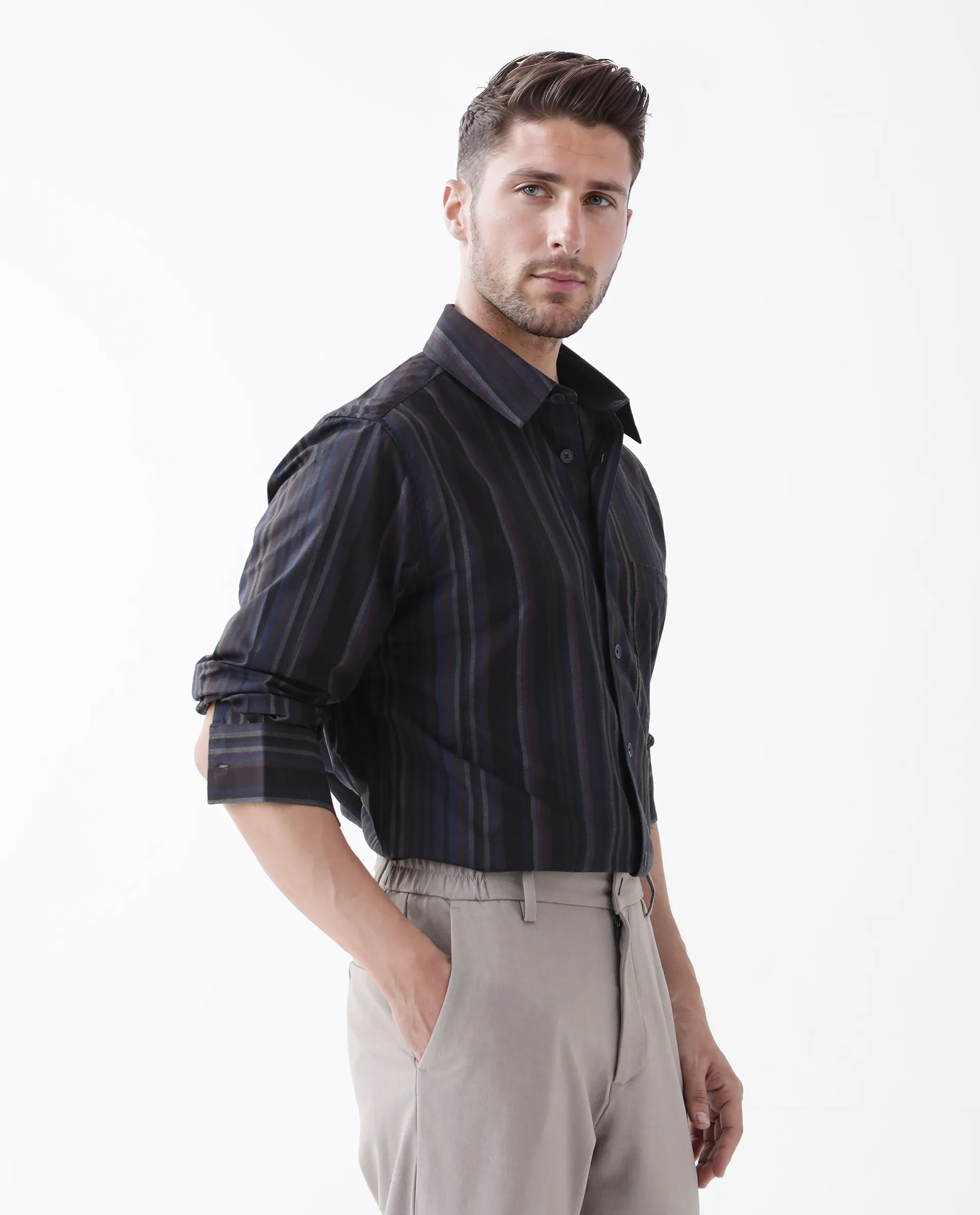 Rare Rabbit Men's Matis Black Viscose Striped Print Relaxed Fit Full Sleeve Collared Shirt - Image 4