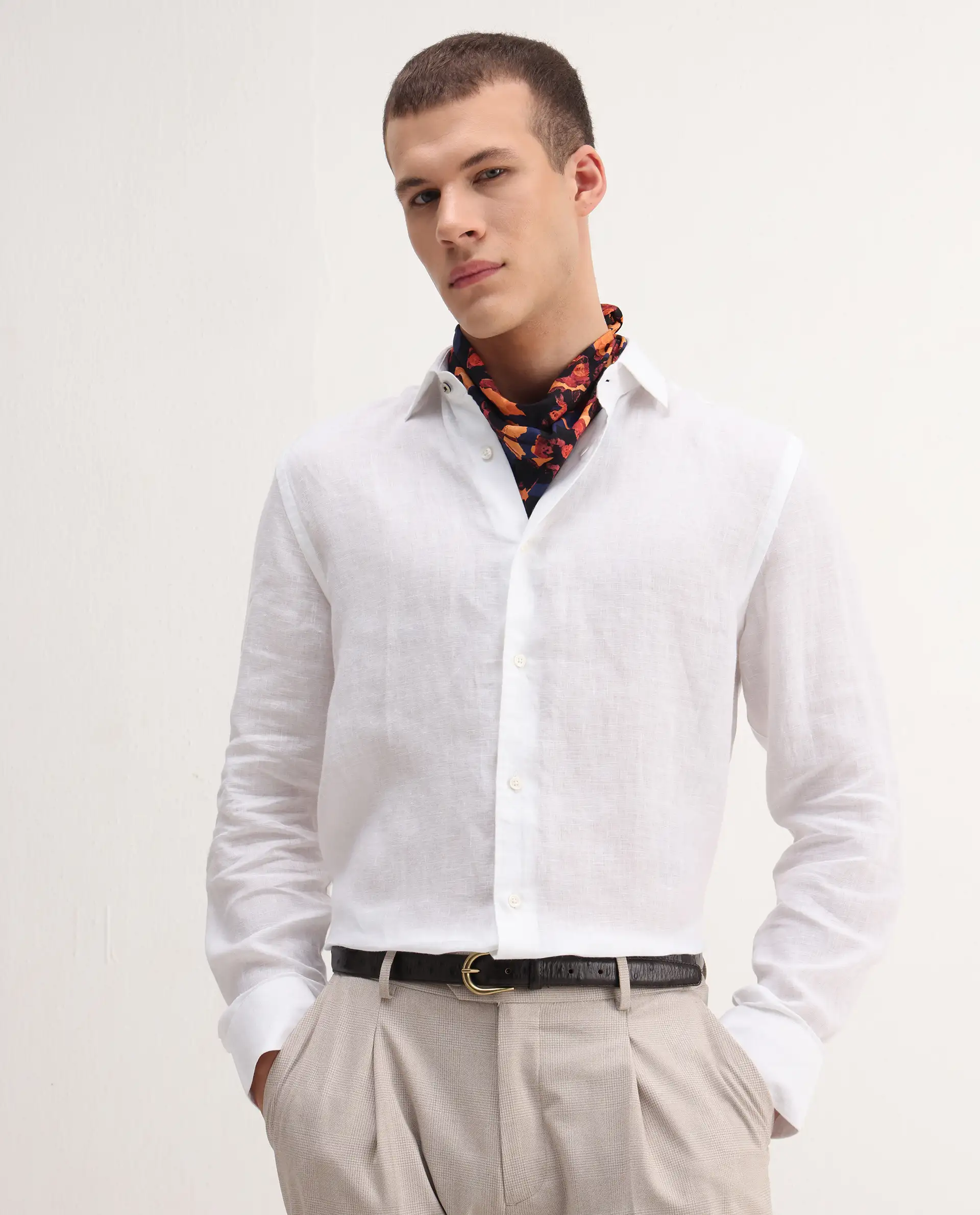 Rare Rabbit Men's Mavi White Linen Plain Regular Fit Full Sleeve Collared Shirt