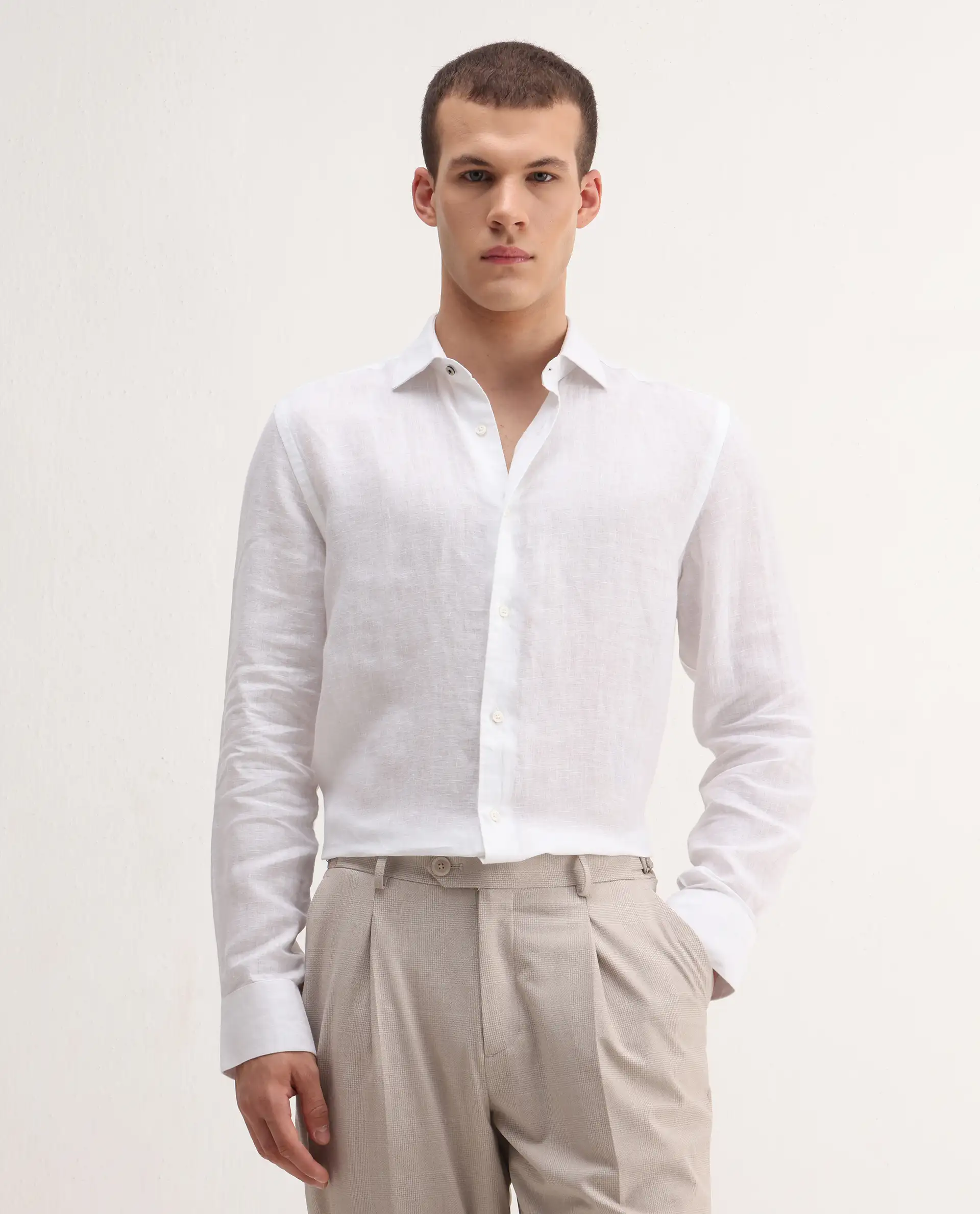 Rare Rabbit Men's Mavi White Linen Plain Regular Fit Full Sleeve Collared Shirt - Image 3