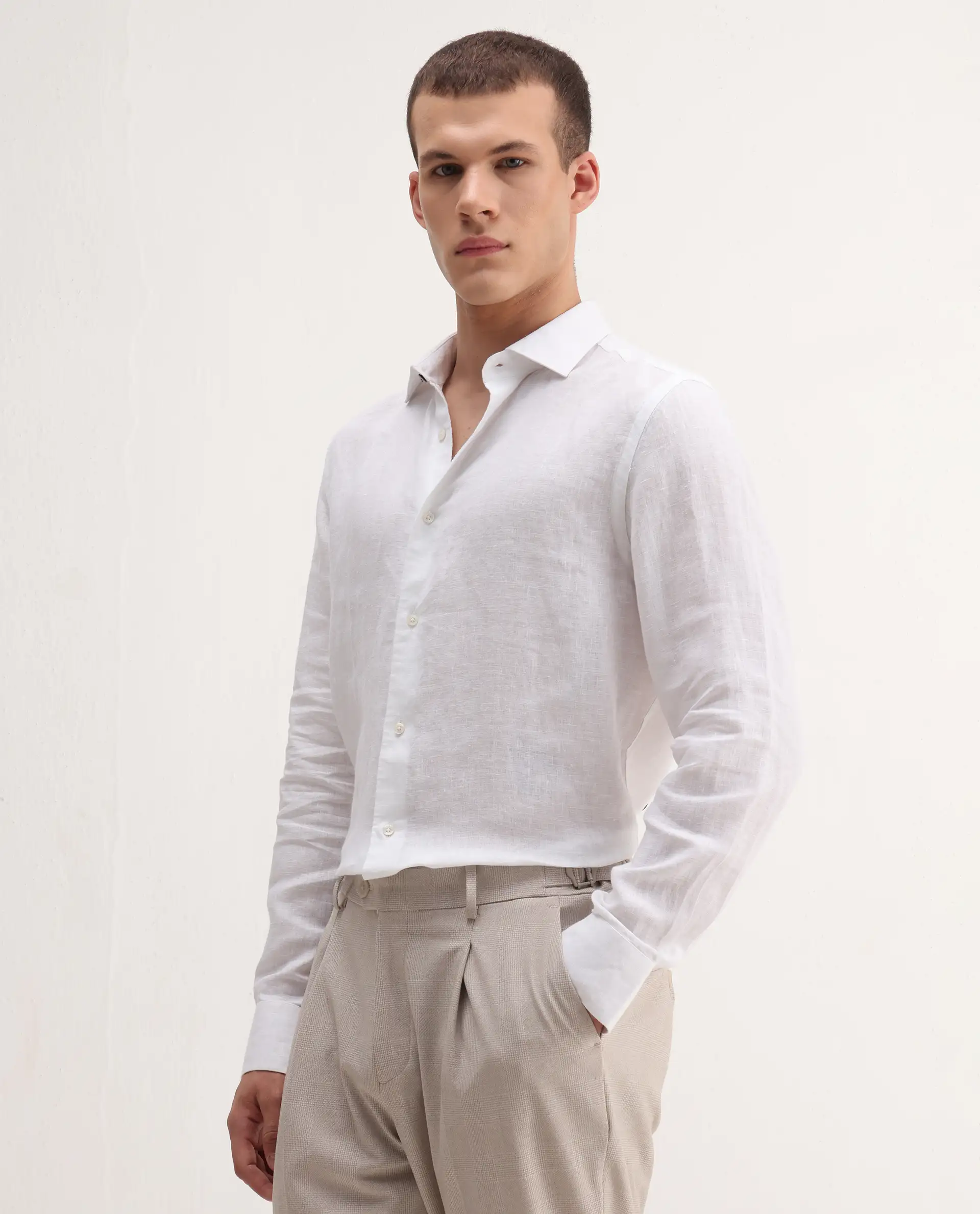 Rare Rabbit Men's Mavi White Linen Plain Regular Fit Full Sleeve Collared Shirt - Image 7