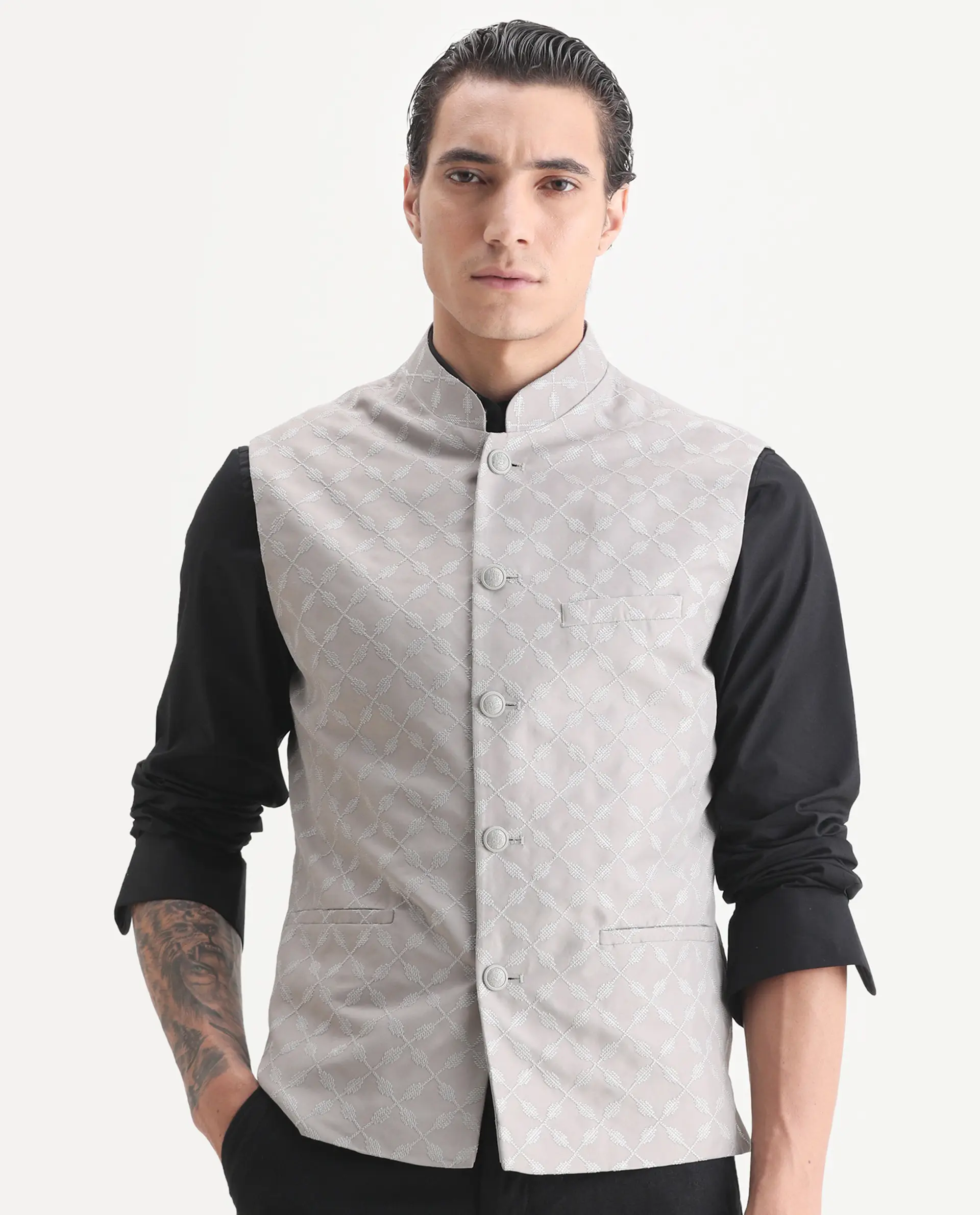 Rare Rabbit Men's Medo-B1 Grey Viscose Embroidered Regular Fit Sleeveless Mandarin Collar Bandhgala Rare Rabbit Men's Lasmos-B1 Beige Viscose Embroidered Regular Fit Sleeveless Mandarin Collar Bandhgala Nehru Jacket