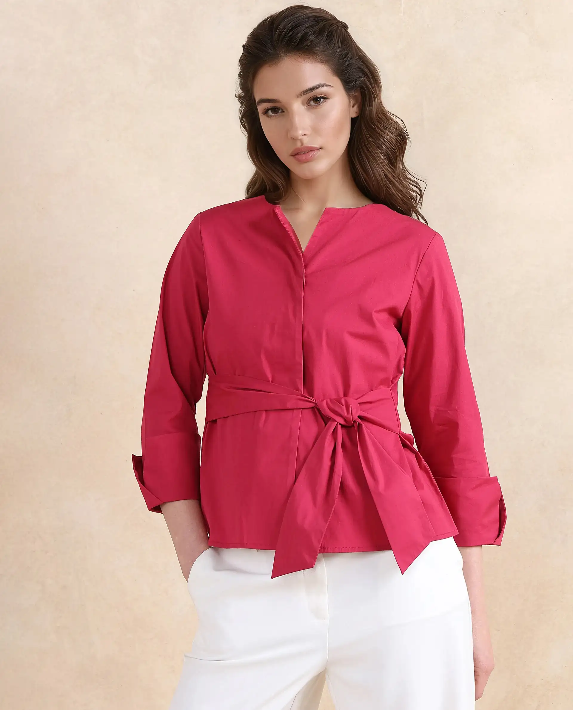 Rareism Women's Medui Dark Pink Cotton Blend Built-Up Neck Plain Regular Fit Top