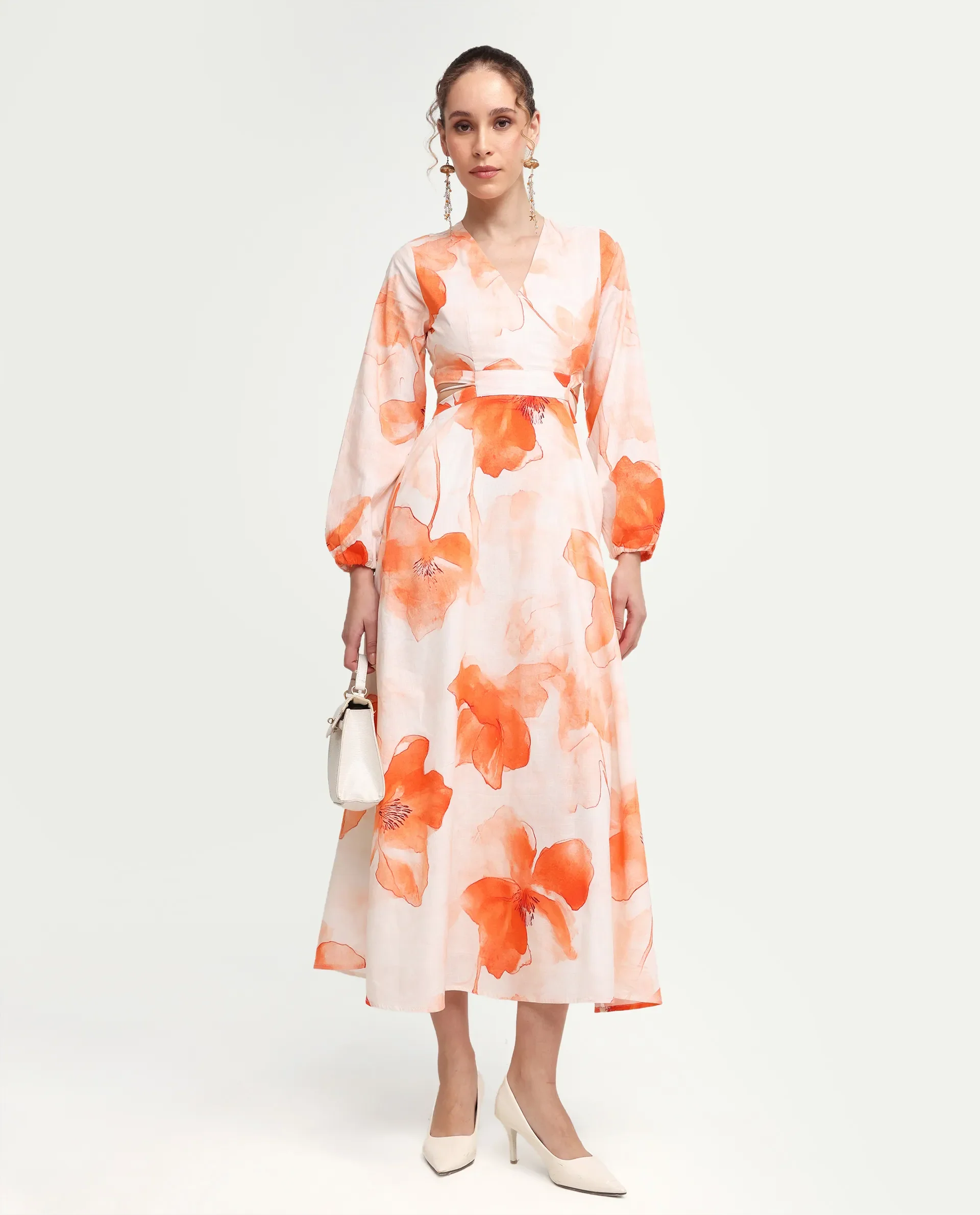 Rareism Women's Mefi Multi Cotton Blend Full Sleeve V-Neck Fit And Flare Floral Print Dress