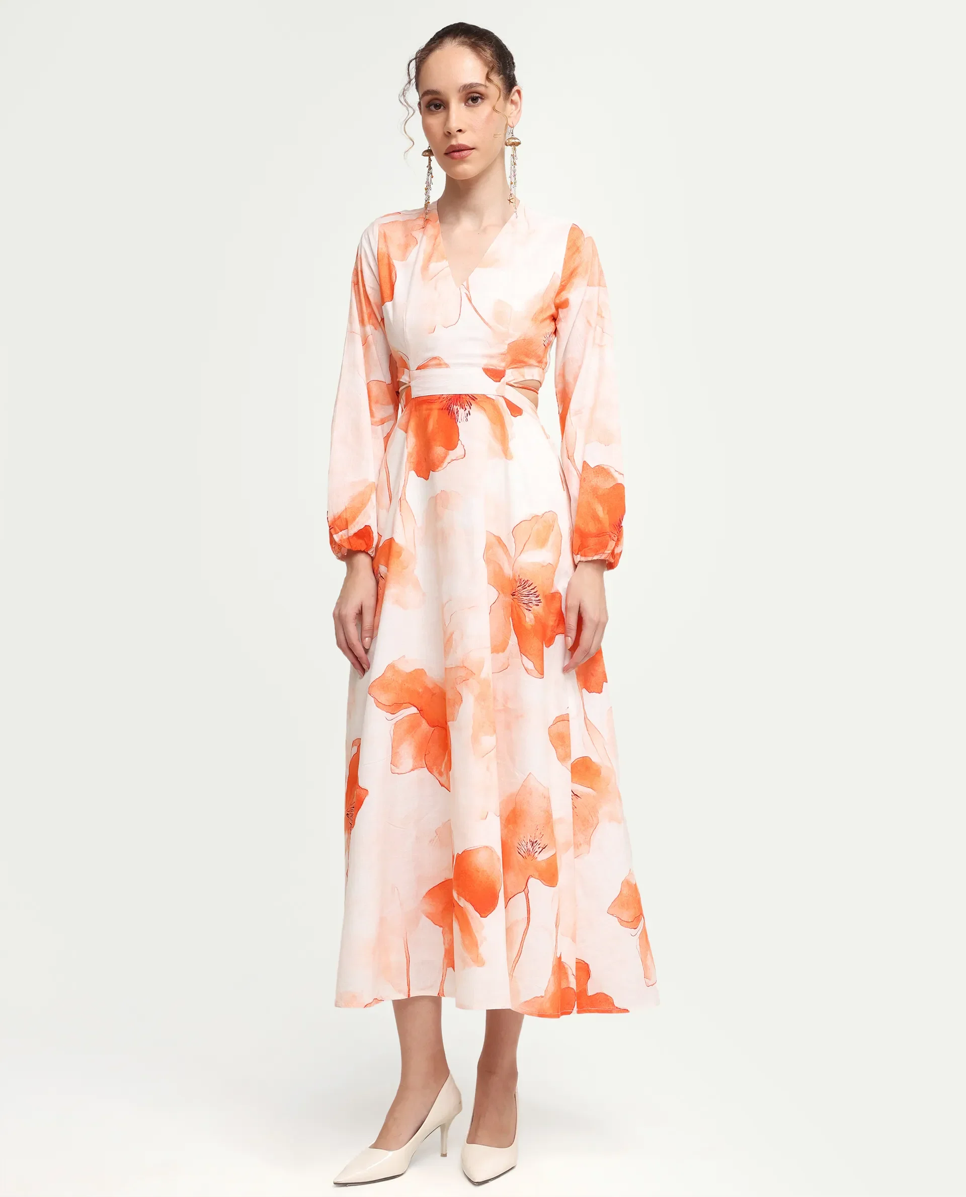 Rareism Women's Mefi Multi Cotton Blend Full Sleeve V-Neck Fit And Flare Floral Print Dress - Image 3