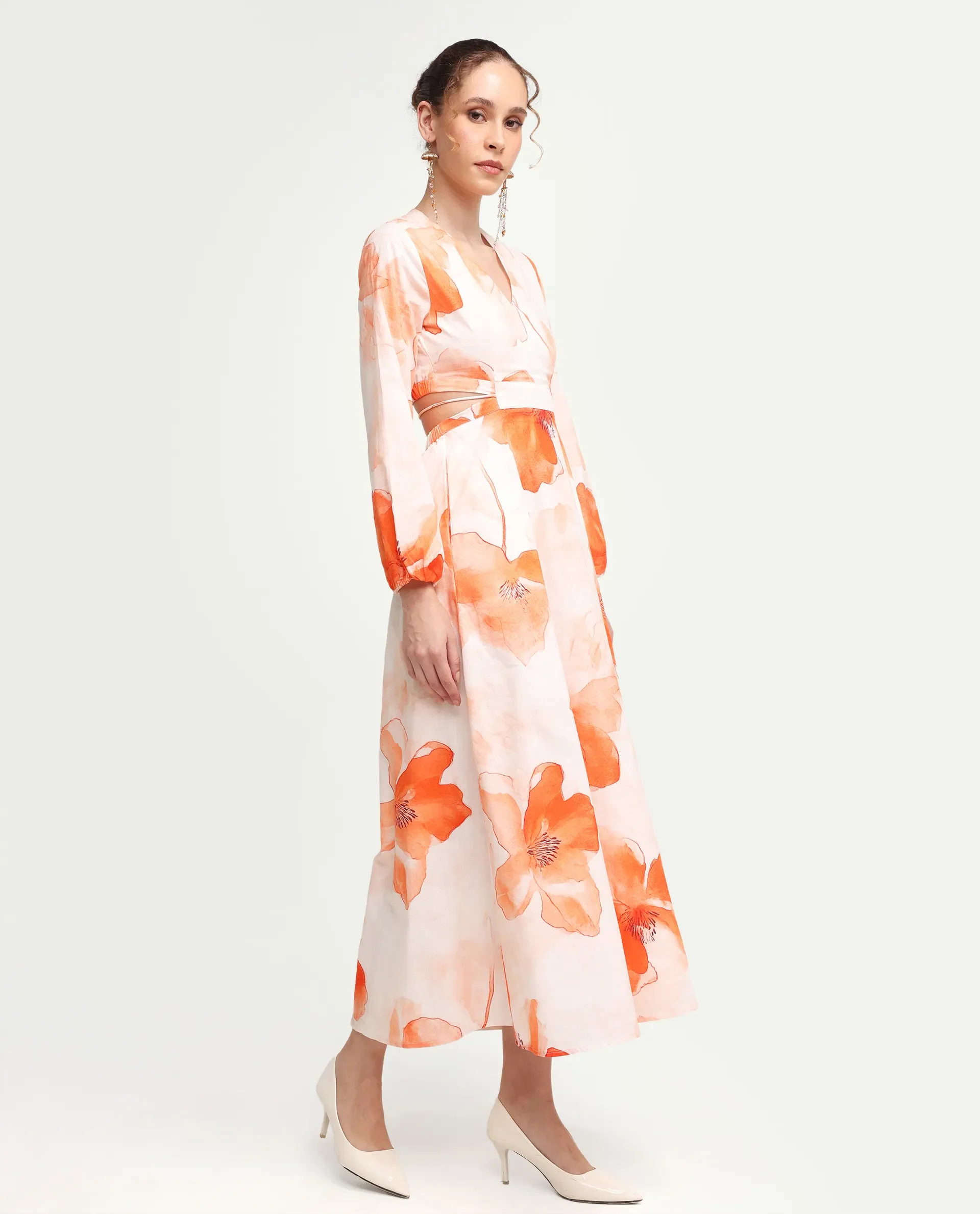 Rareism Women's Mefi Multi Cotton Blend Full Sleeve V-Neck Fit And Flare Floral Print Dress - Image 5