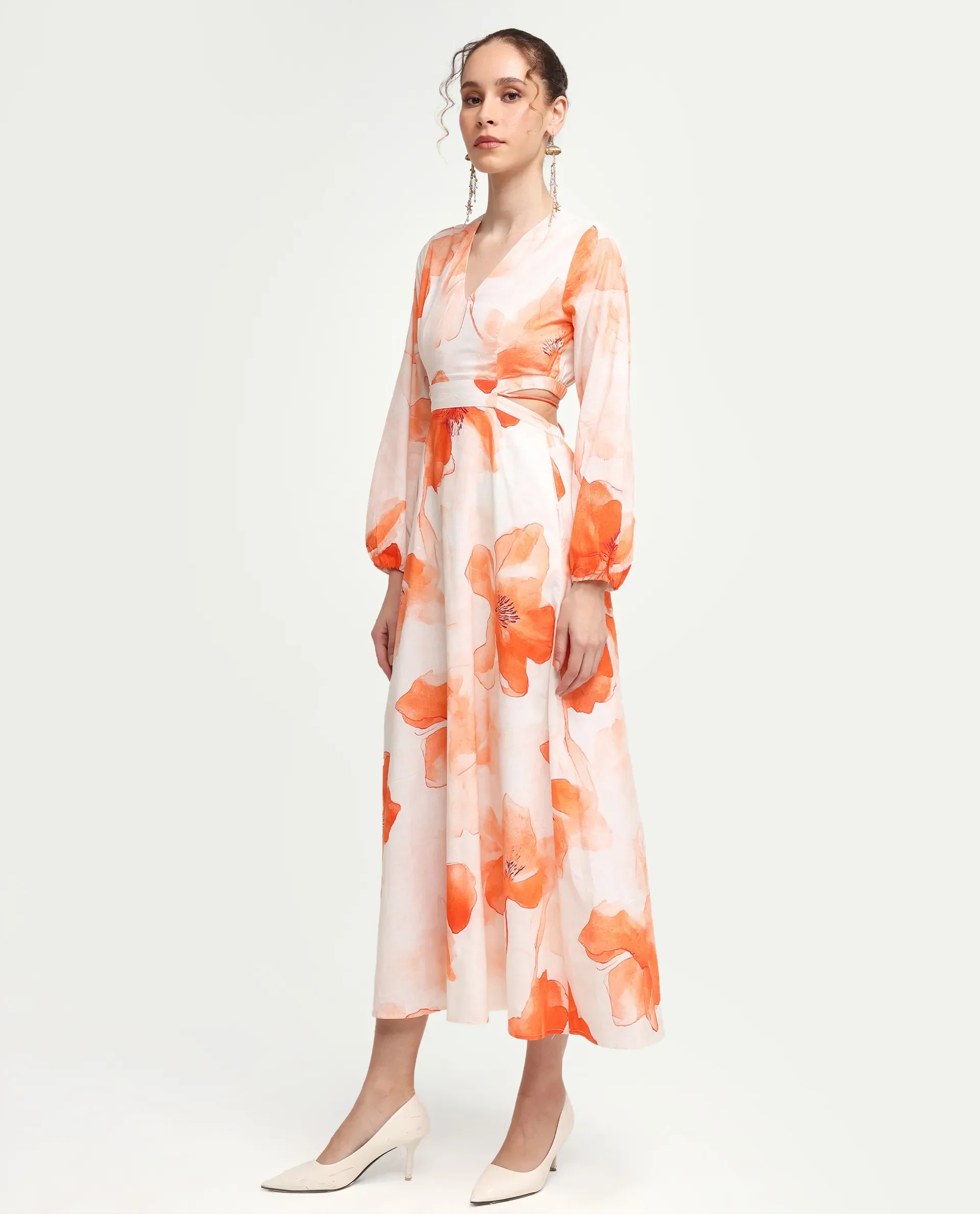 Rareism Women's Mefi Multi Cotton Blend Full Sleeve V-Neck Fit And Flare Floral Print Dress - Image 6