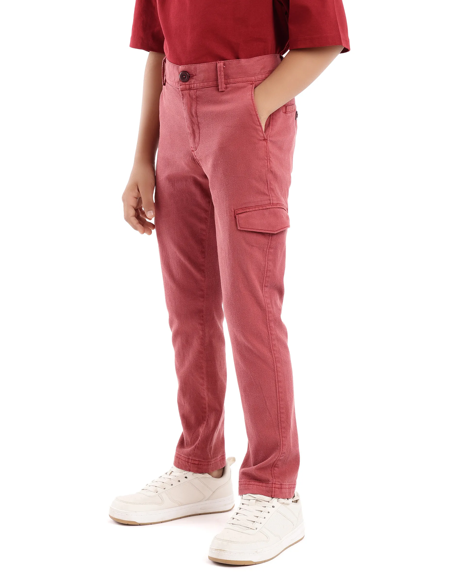 Rare Ones Kids Meir Red Excel Cotton Regular Fit Solid Cargo Trouser - Image 5