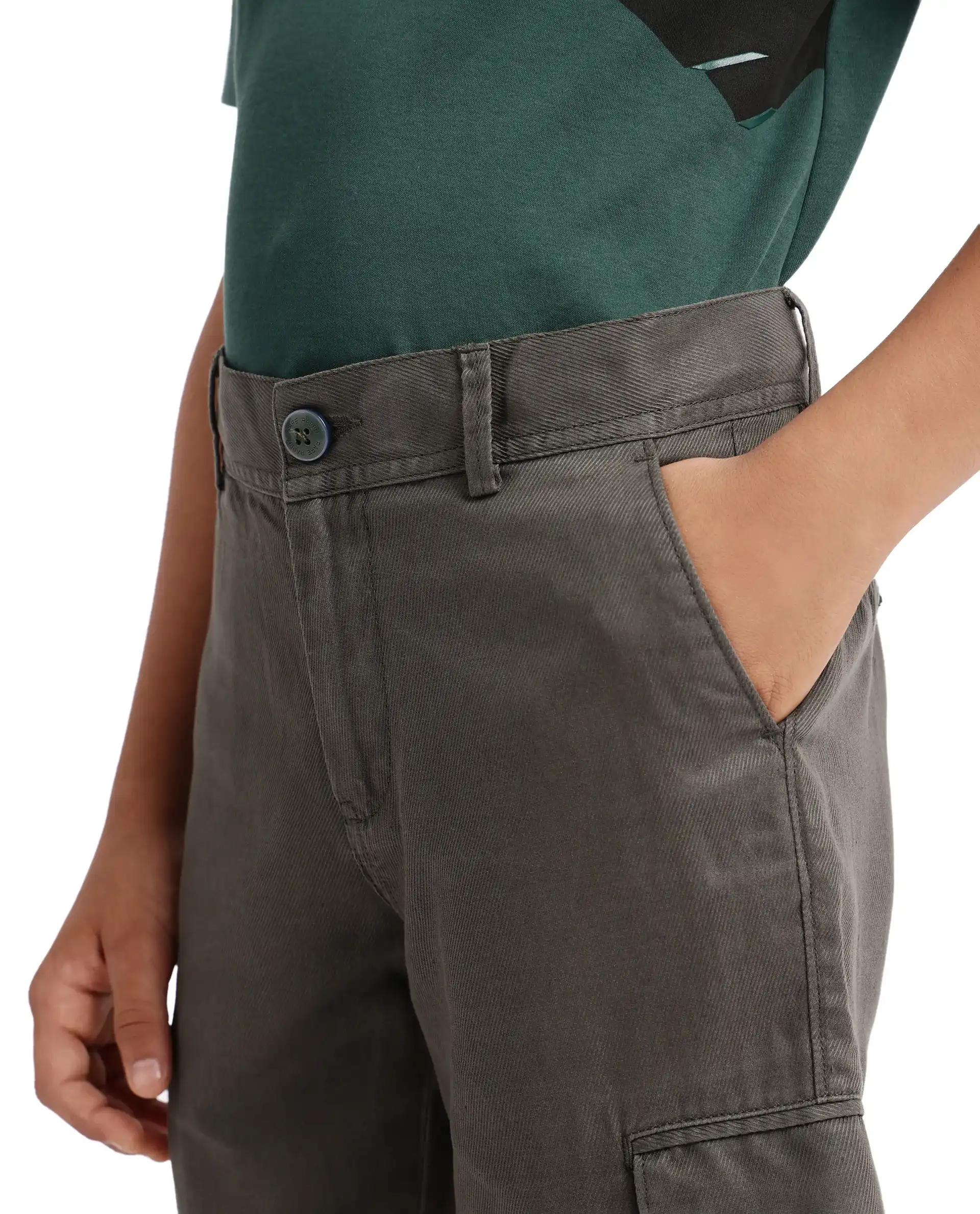 Rare Ones Kids Meir Olive Excel Cotton Regular Fit Solid Cargo Trouser - Image 3